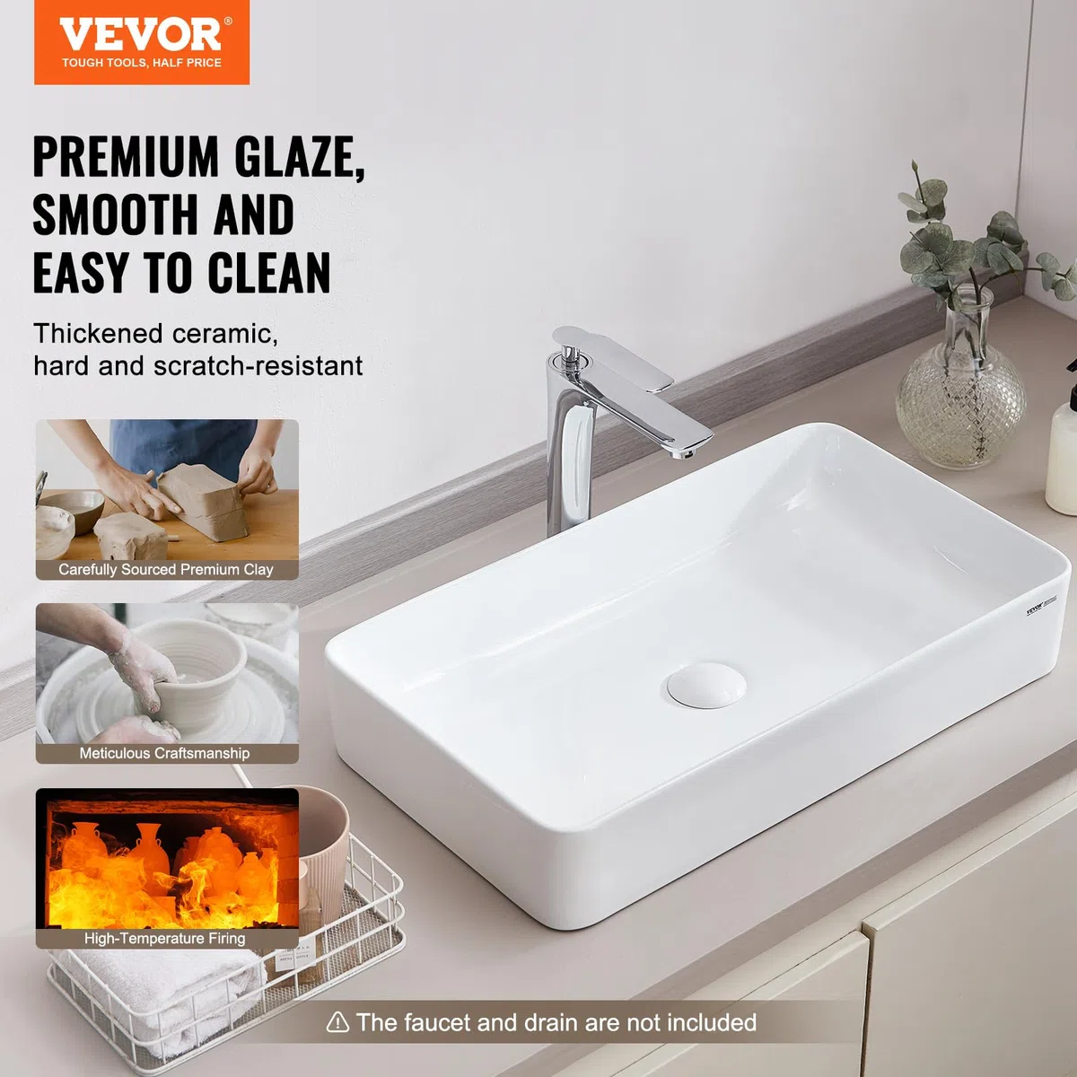 VEVOR Lavandino da Appoggio Rettangolare, 61 x 35 cm per il Bagno, Lavabo da Appoggio in Ceramica Bianca Sopra il Piano, Stile Moderno, Luminoso ed Elegante, per Bagno, Hotel, Toilette, Camper