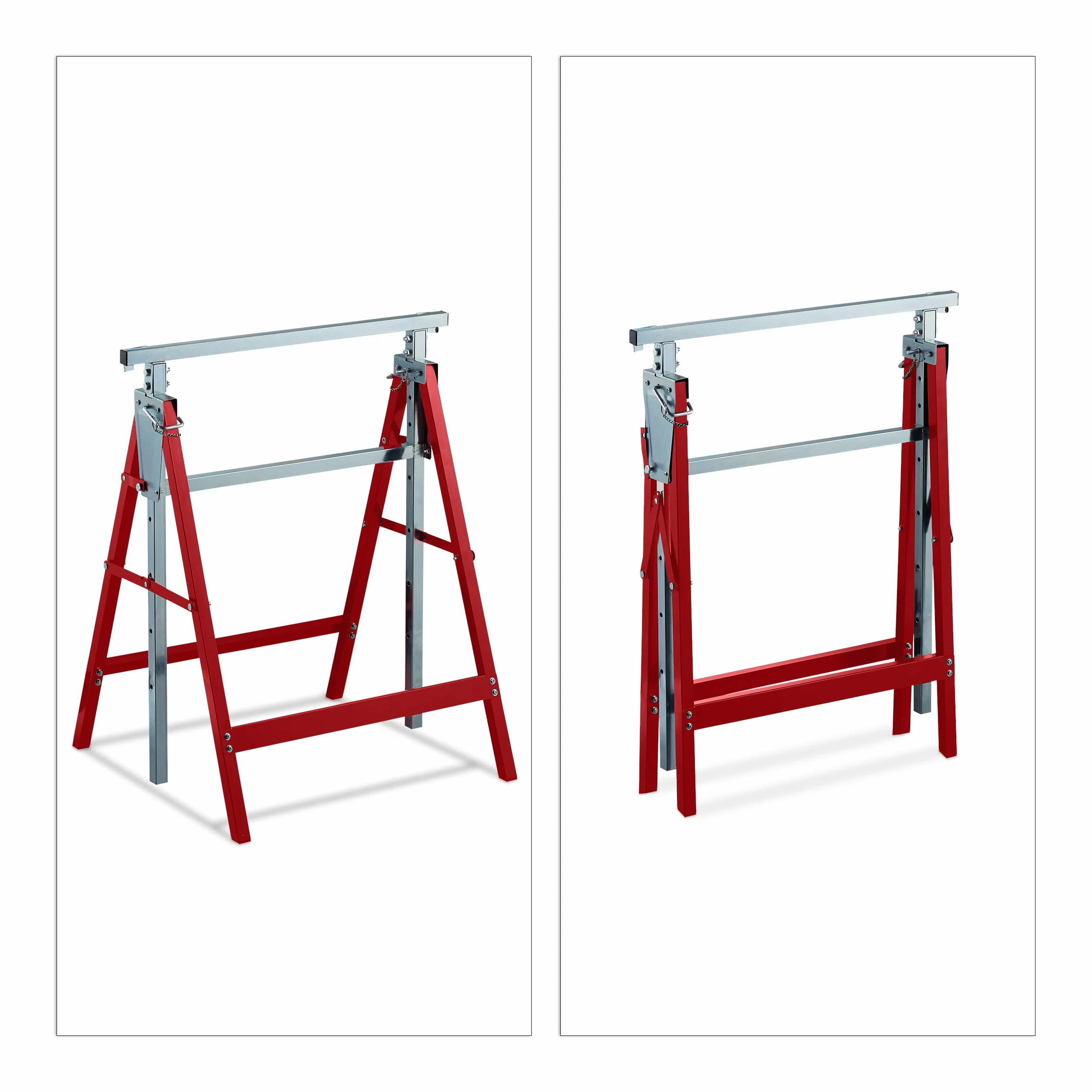 Relaxdays Set da 2 Cavalletti da Lavoro, 7 Altezze, Carico Max. 200kg, Pieghevoli, da Officina, Acciaio, Rosso Argentato