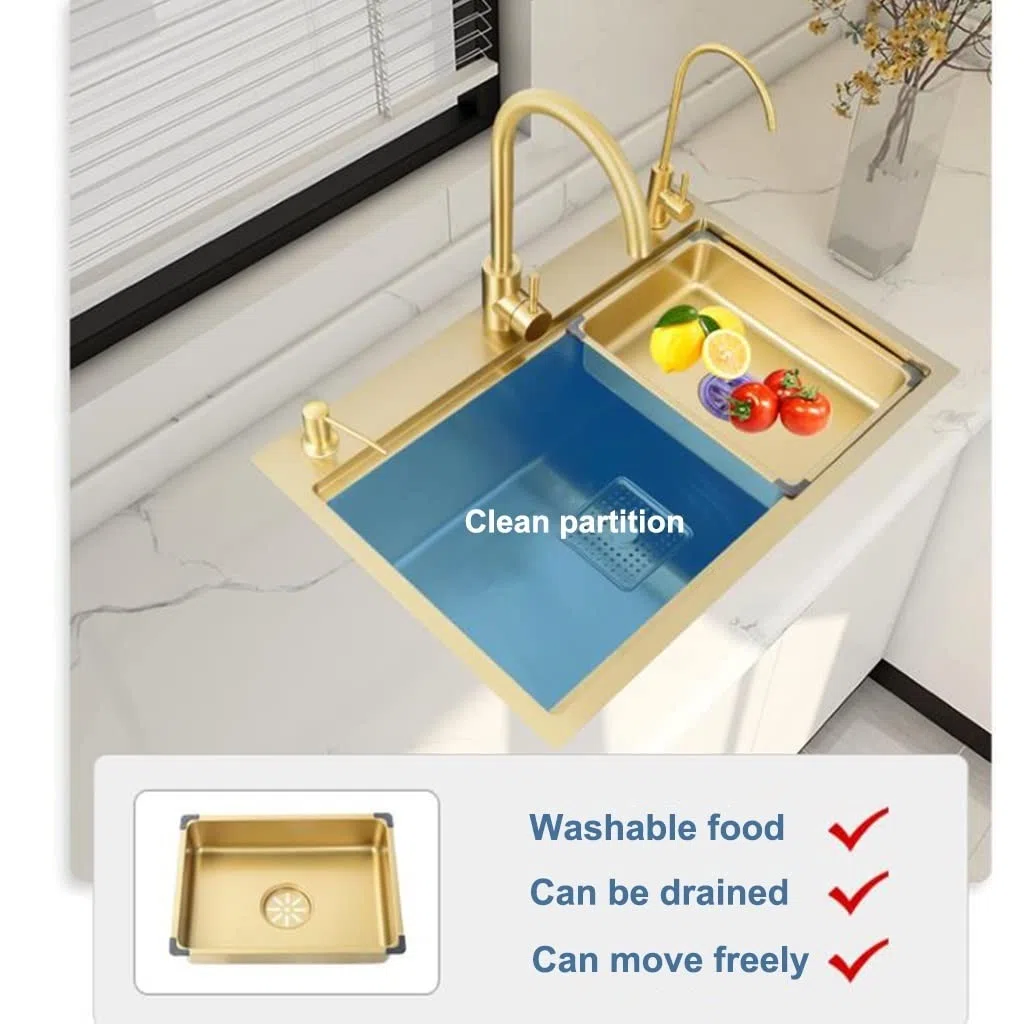 Arredamento per La Casa Lavelli da Cucina in Acciaio Inox Lavelli da Bar A Fessura Singola da Incasso O Sottotop con Gruppo di Scarico Piscina per Lavaggio,Gold-80x46x22cm