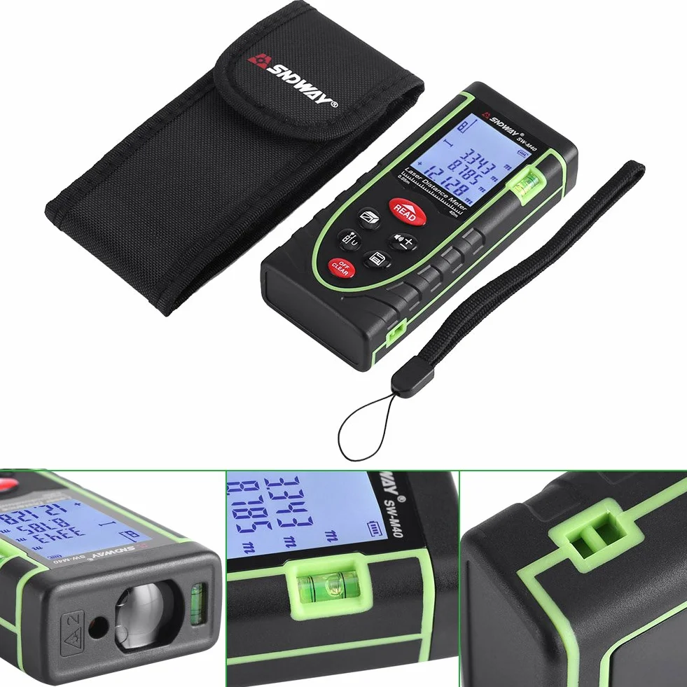 Distanziometro digitale portatile Range Finder 1 mm fino a 40/60/80/100 m con ampio display LCD di retroilluminazione e livella a bolla per interni ed esterni (40 m)
