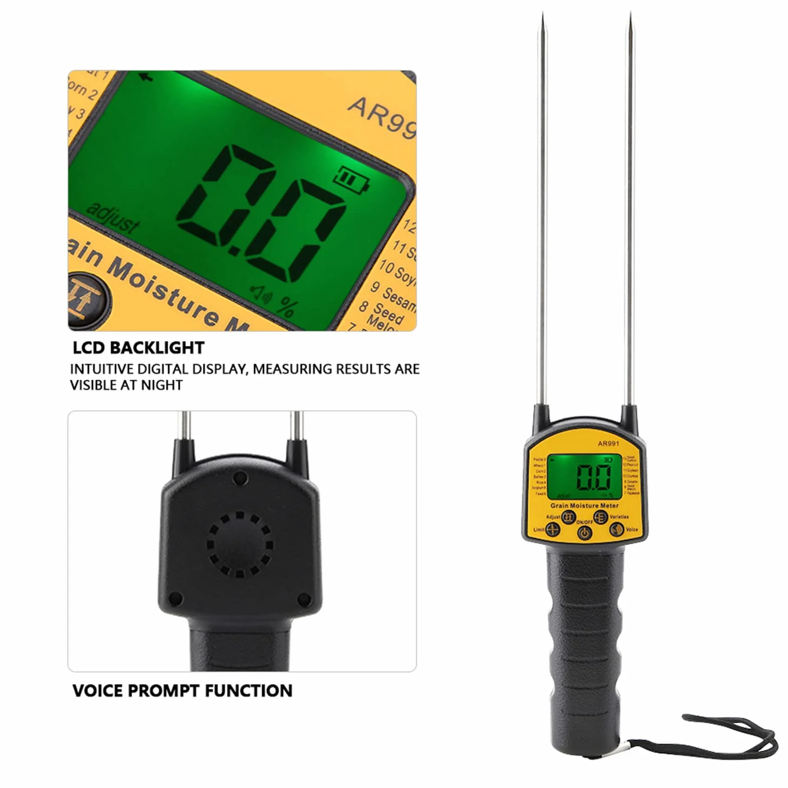 Misuratore Umidità Fieno,Misuratore di umidità per cereali LCD digitale AR991, tester di umidità per umidità portatile, analizzatore di contenuto d'acqua con sonda di misurazione per grano, mais