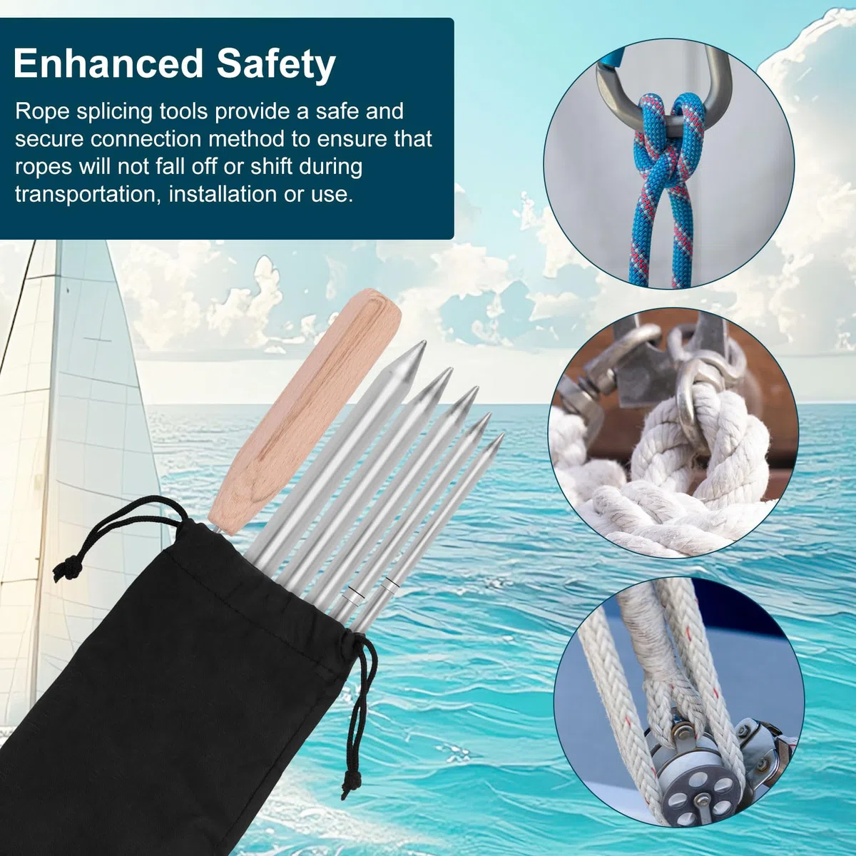 Gosknor 7pz Kit Utensili Giunzione Corde, Utensili FID 6-In-1 Acciaio Inossidabile con Spintore e Borsa Portaoggetti per Corda Doppia Treccia 1/4" 5/16" 3/8" 7/16" 1/2" per Rapido Recupero Giunzione