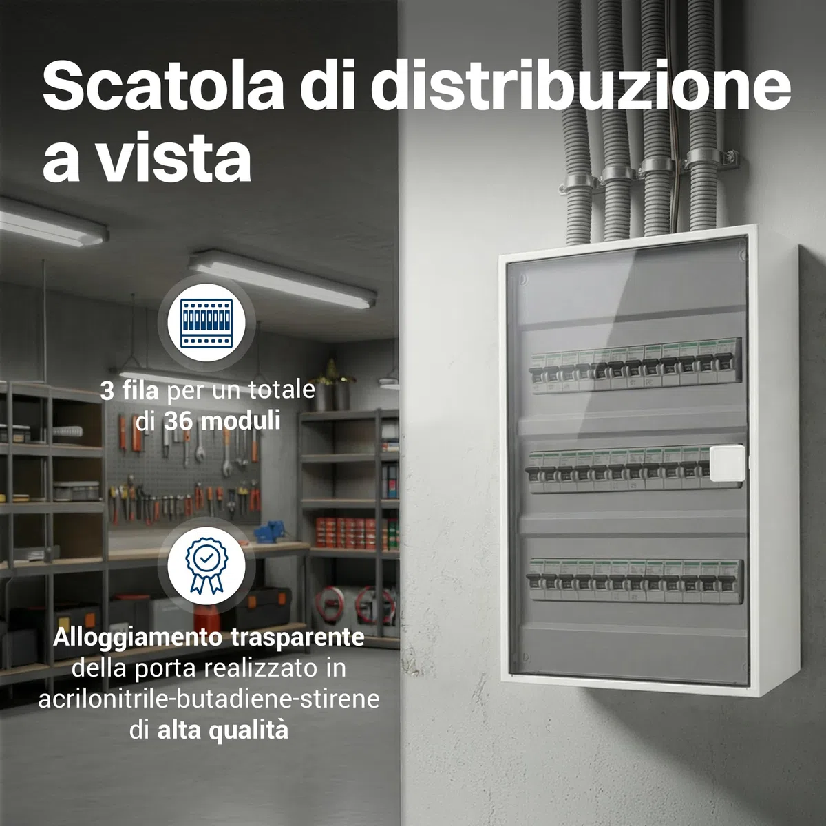 Intratec ALPHA Centralino elettrico da parete 3 file – Quadro di distribuzione per 36 moduli con porta trasparente – Contenitore su guida DIN per casa e uso professionale – 498 x 310 x 96 mm