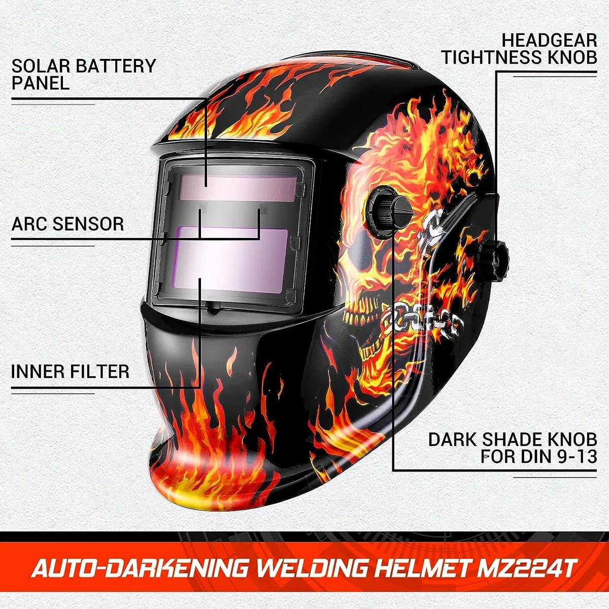 DEKO Maschera saldatore Casco oscurante autoalimentato solare con gamma di ombre regolabili 4/9-13 per Mig Tig Maschera per saldatore ad arco Scudo a forma di teschio fiammeggiante