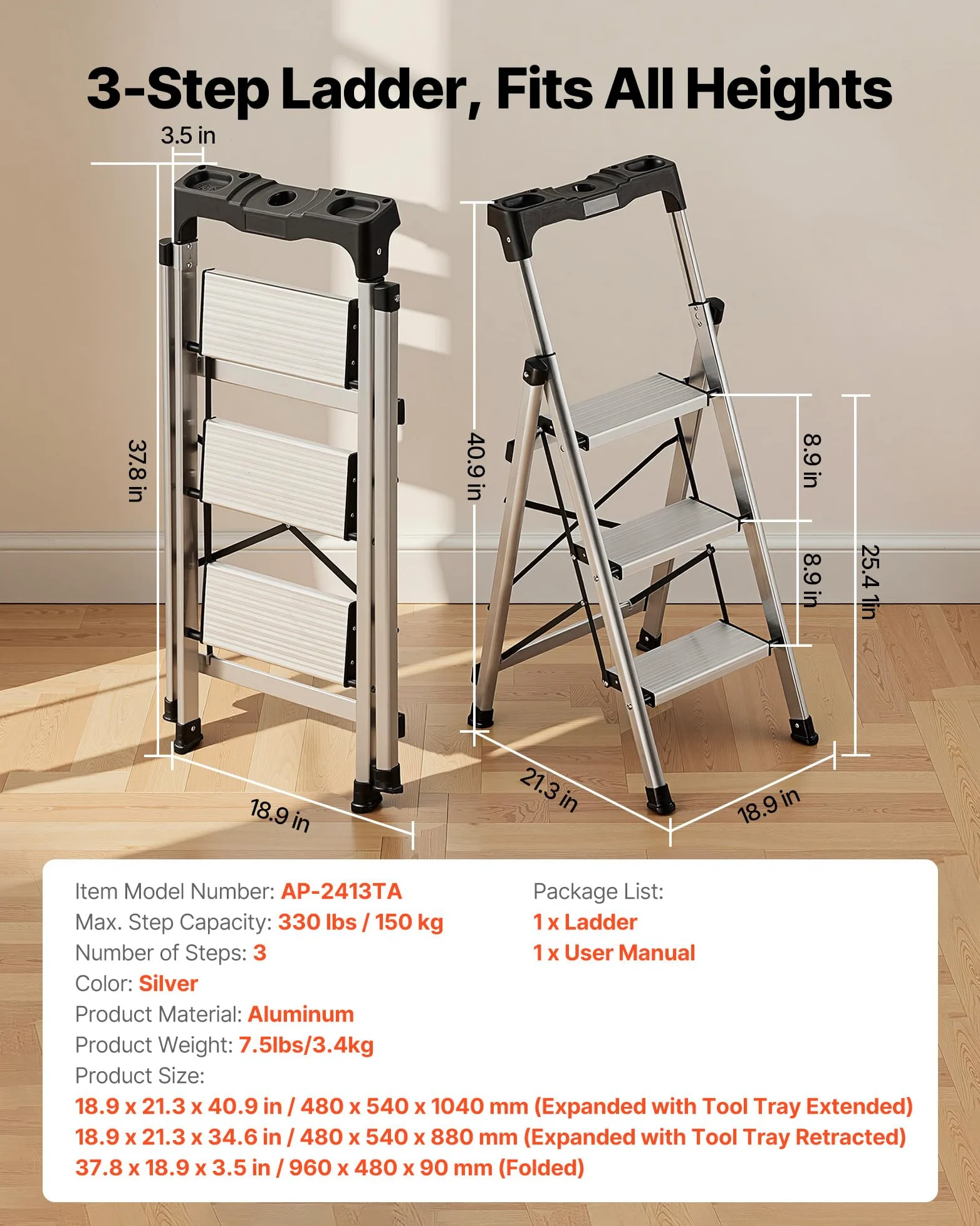 VEVOR Scaletta Pieghevole Salvaspazio con 3 Gradini con Ampio Pedale Antiscivolo e Impugnatura Comoda, Scala a Pioli Portatile in Alluminio con Capacità di 150 kg, Multiuso per Cucina, Casa
