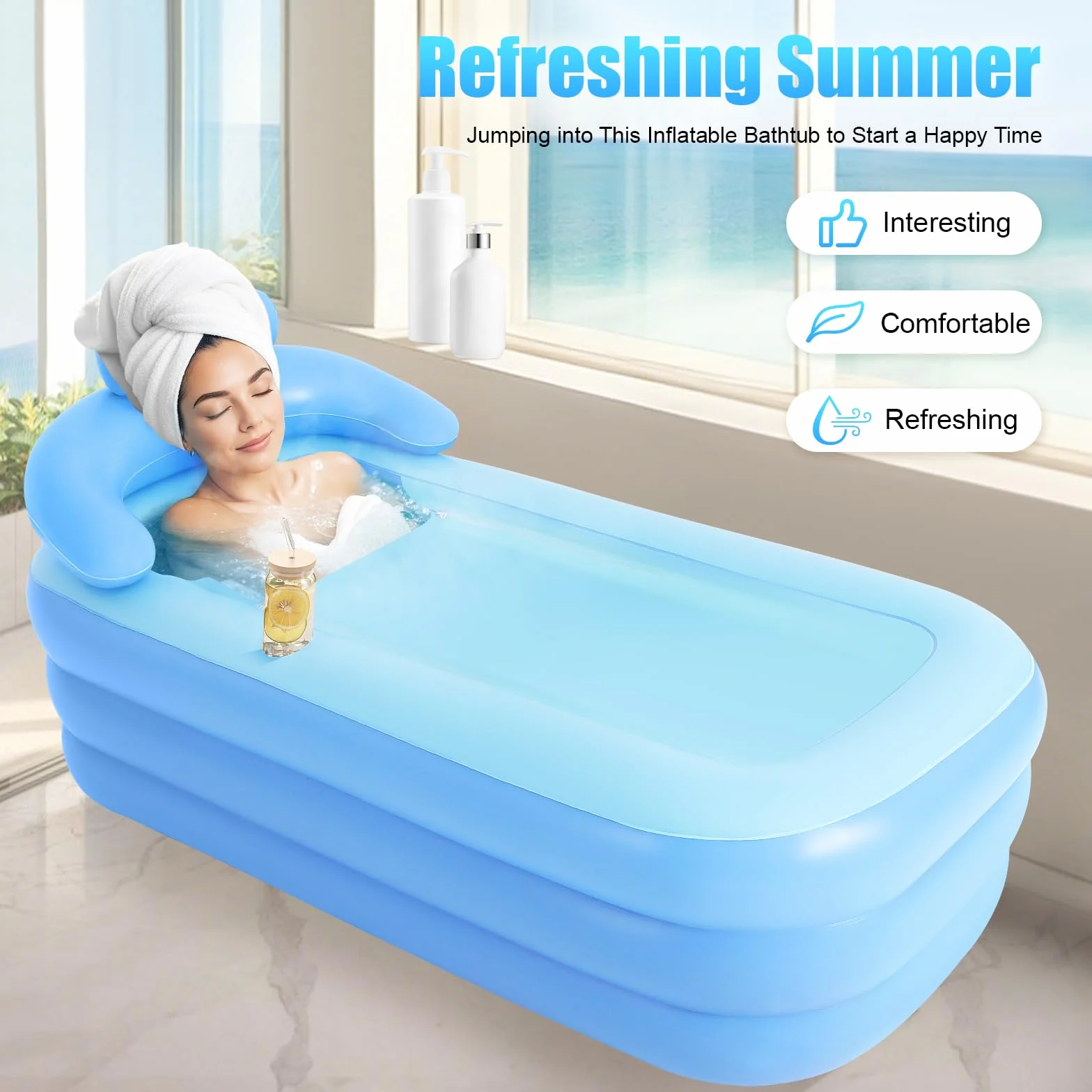 Vasca da bagno gonfiabile, in PVC, pieghevole per esterni, con schienale ergonomico e braccioli, vasca da bagno mobile, autoportante con copertura per persone meno di 1,85 m e 100 kg, 160 x 84