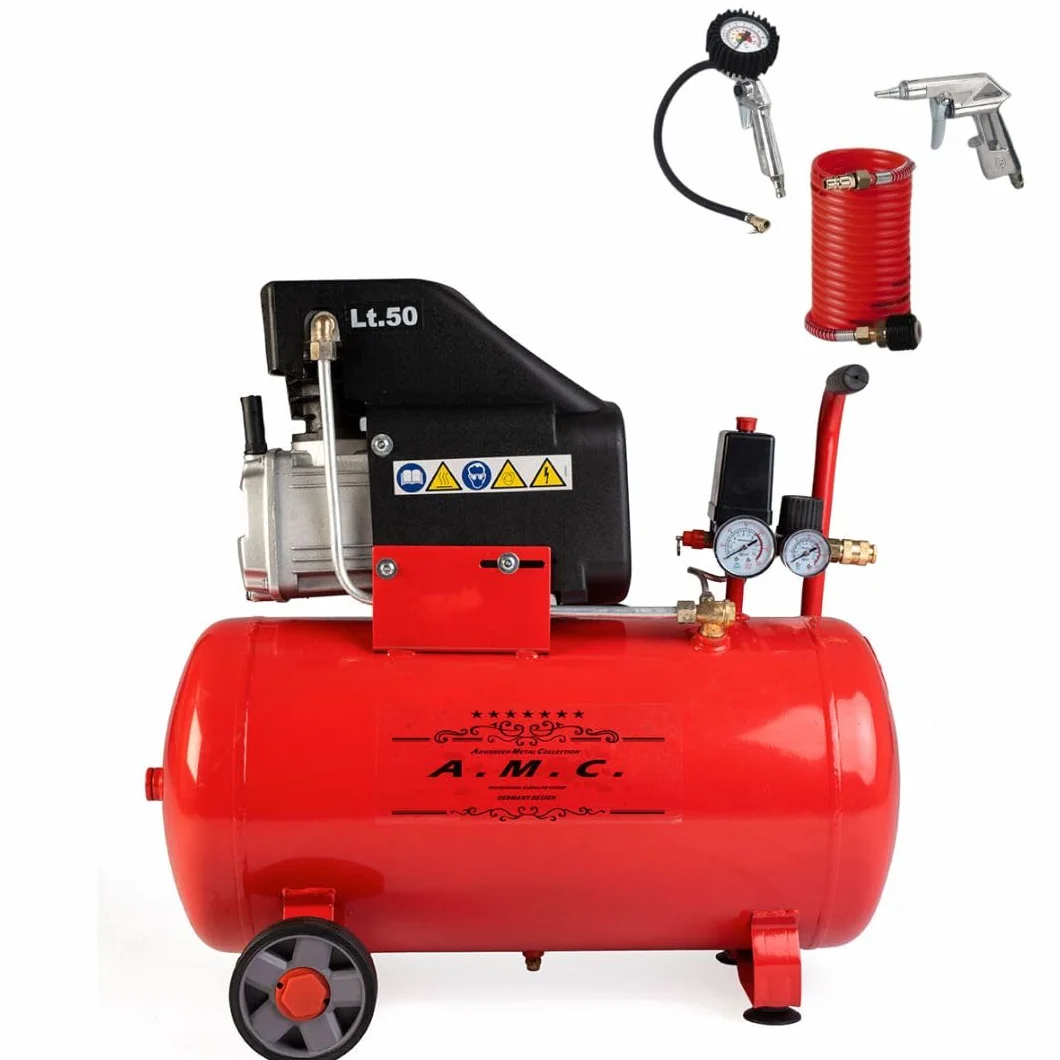 Compressore ad Aria Compressa 50 Litri 15000W 2HP Pressione Massima 8 Bar Doppio Manometro Lubrificato ad olio Compressore Aria Coassiale Portatile Carrellato Kit Accessori incluso