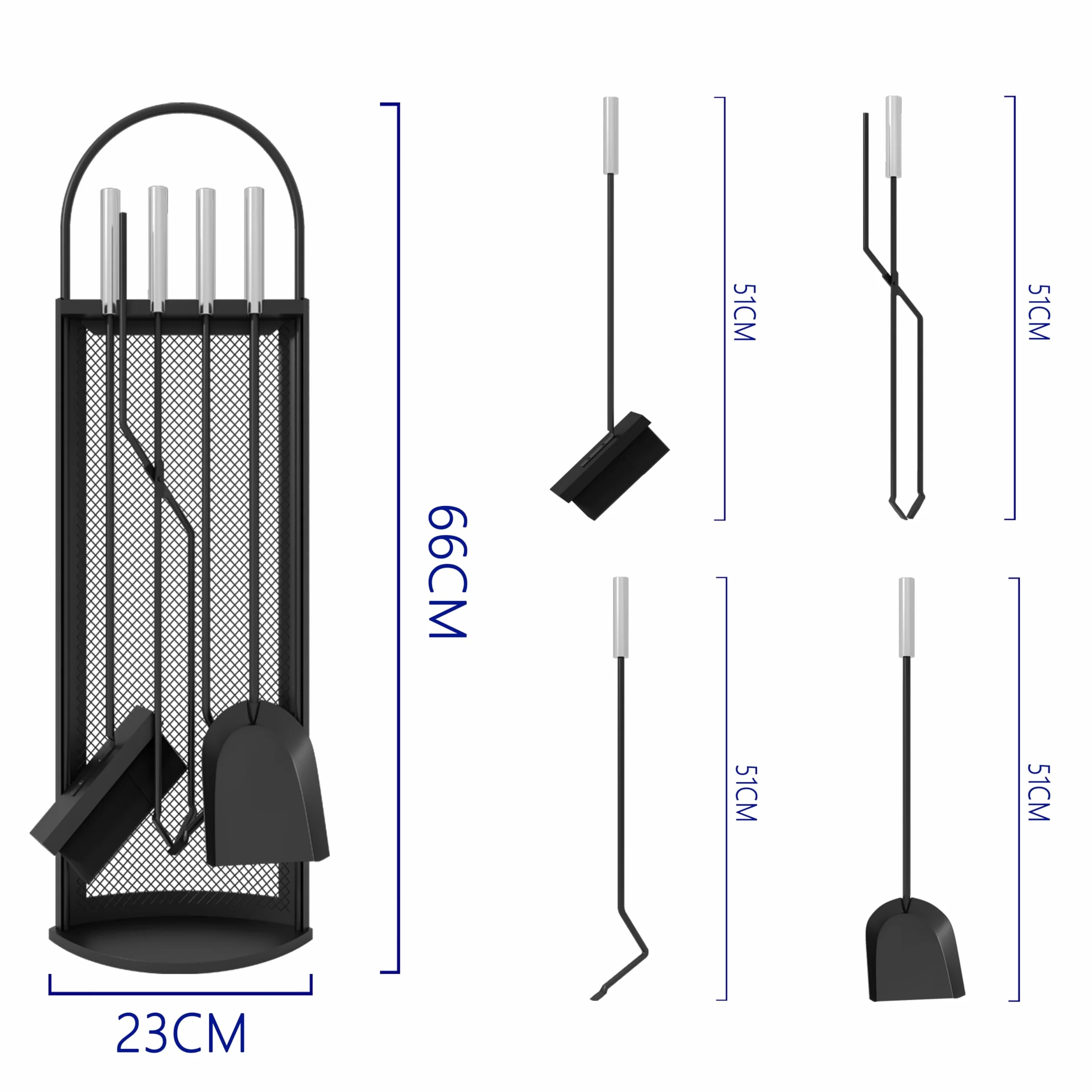Kingson Set da Camino in 5 Pezzi con Manici in Acciaio INOX 22x16x67cm, Elegante e Resistente Kit di Accessori per Camino Nero