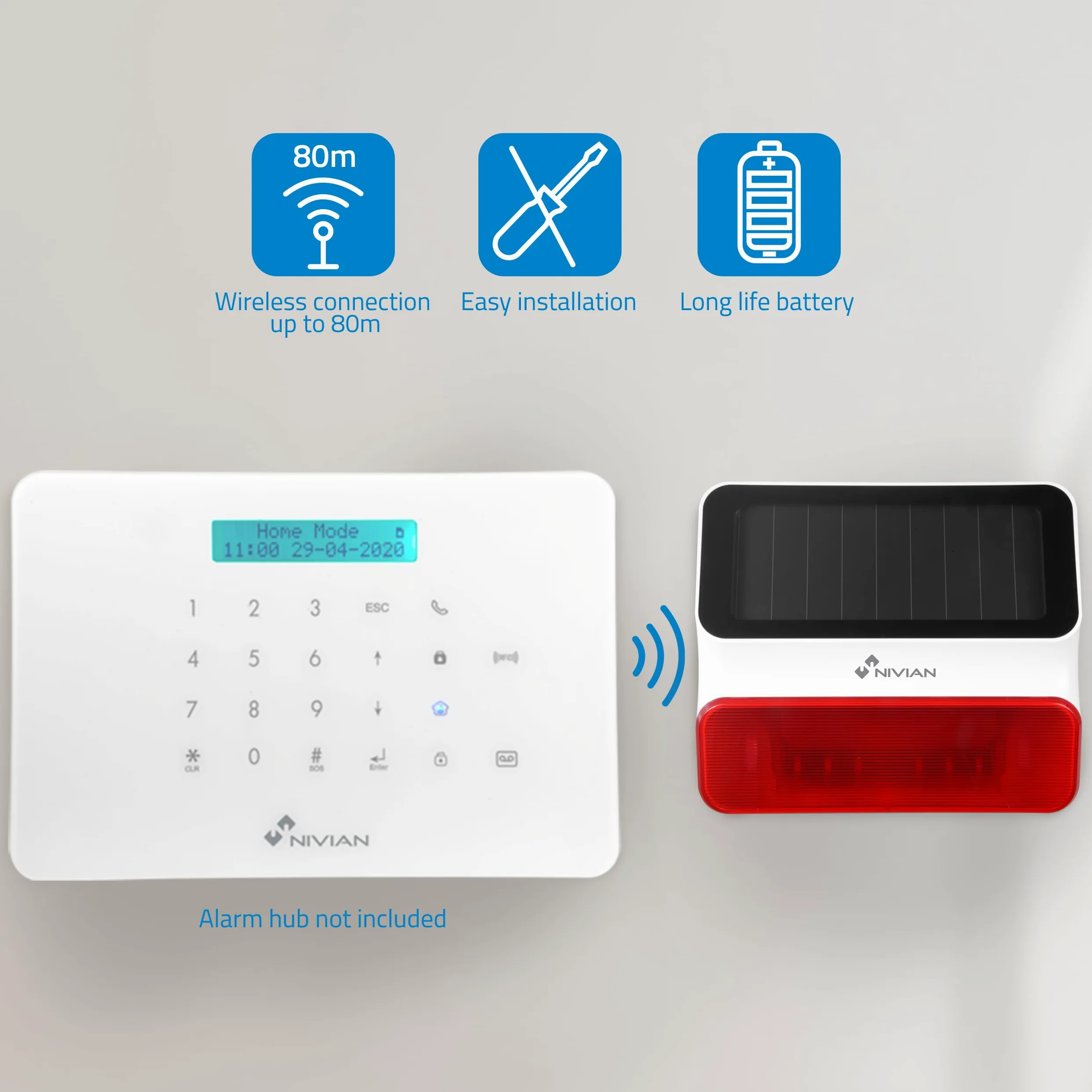 Nivian - Sirena wireless ad alimentazione solare compatibile con allarme Nivian – Adatta per esterni – Avviso luminoso e sonoro da 100 dB – Include batteria – Installazione semplice