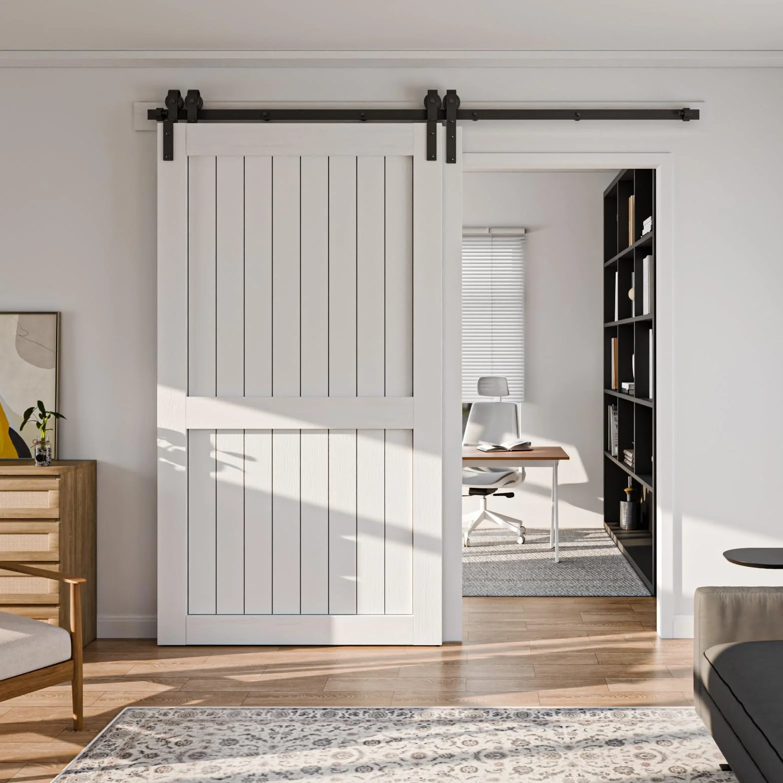 5.5FT/173CM Binario per Porta Scorrevole per Bypass Doppie Porte Facile da Installare, Nero Forma J