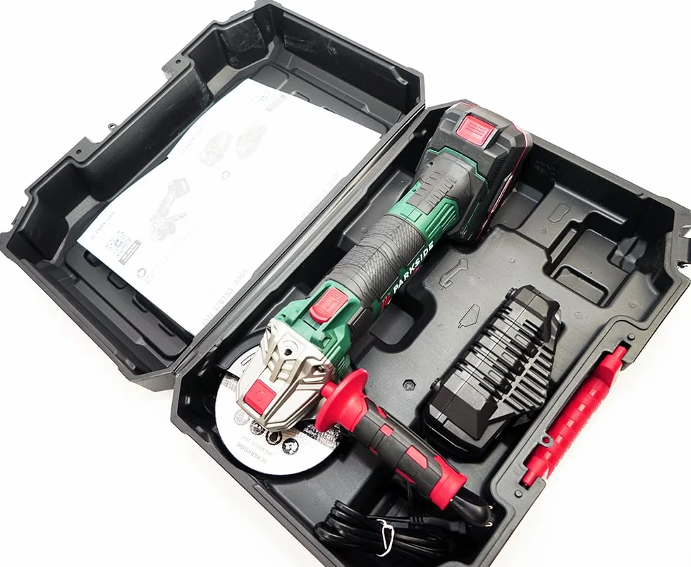 Parkside 20V Smerigliatrice angolare a batteria PWSA 20-Li D4 in bundle/set con valigia da trasporto Smerigliatrice (incl. 2x4Ah batteria+caricatore)