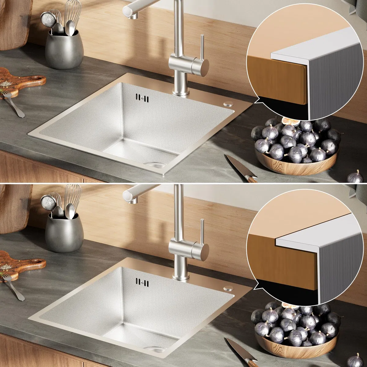 CECIPA 44x49 cm Lavello Cucina 1 Vasca in Acciaio Inox con Foro, Lavandino Cucina 1 Vasca per Mobile da 45cm, Lavello da Incasso o Banco con Sifone e Scarico