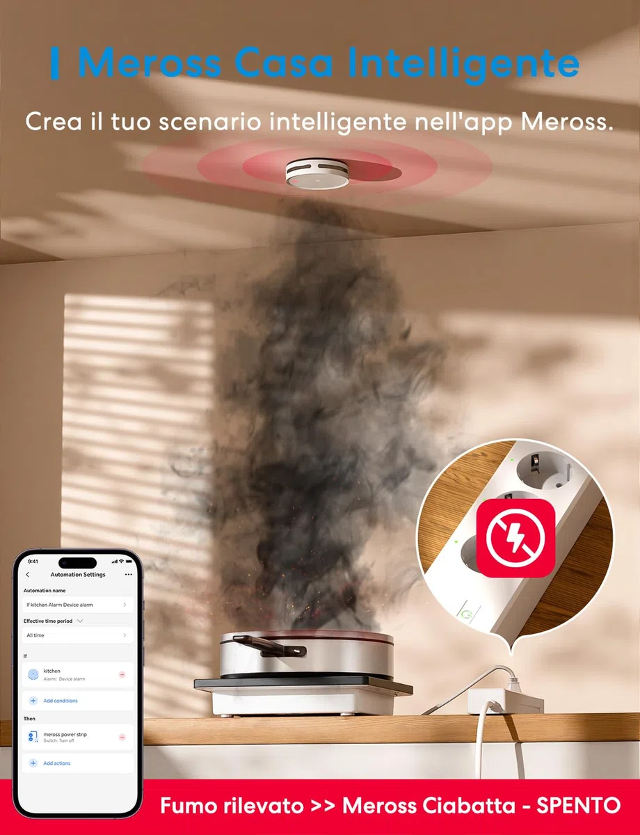 Meross Matter Rilevatore di fumo WiFi connesso, allarme antincendio intelligente con doppio sensore ottico, rilevatore di fumo con avviso APP, rete 0,8 mm, 33 mm, con Hub MSH450, 1 pezzo