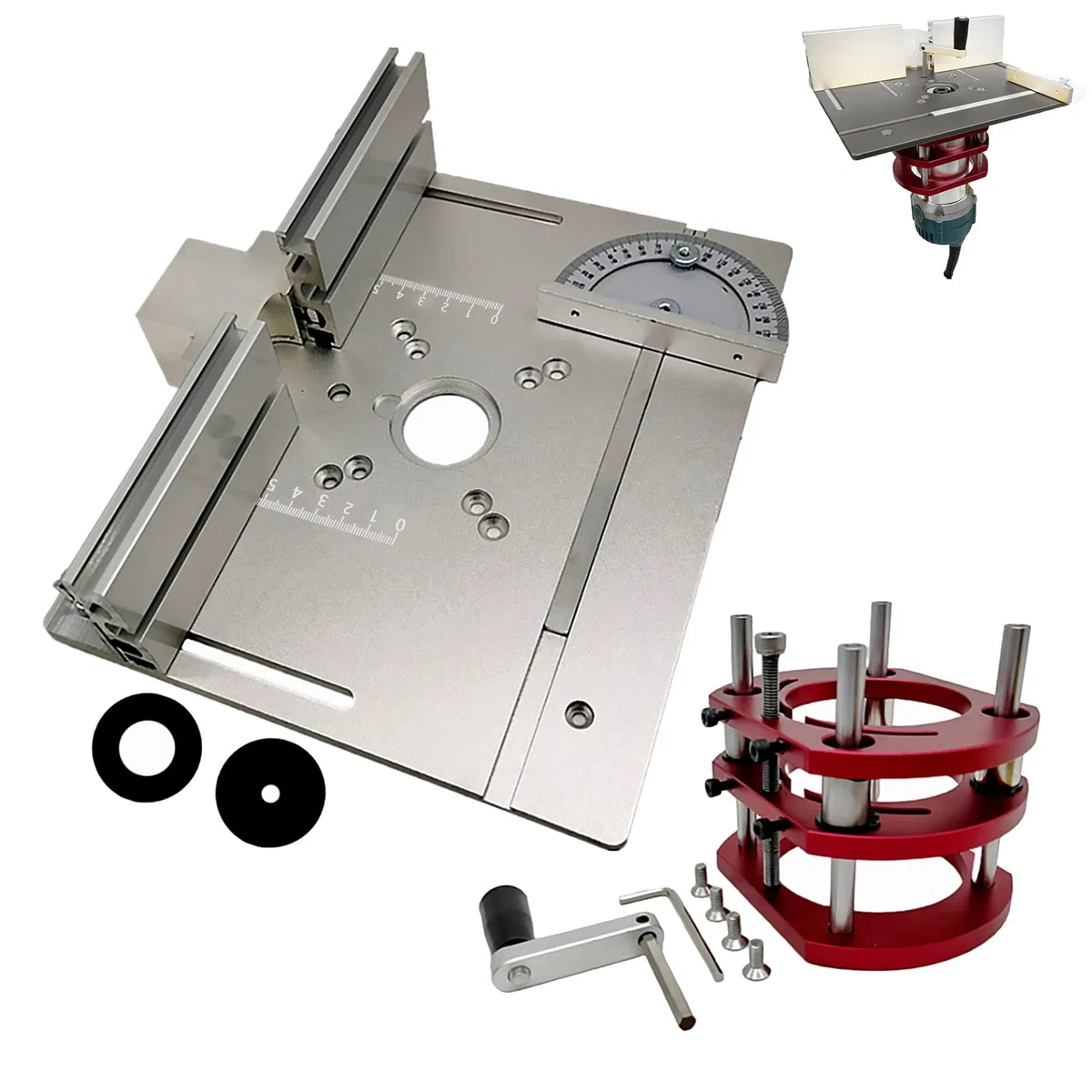 router Ascensore, tavolo per set 3 piastre inserti, sistema sollevamento preciso, supporto base, sollevamento massimo 51mm argento
