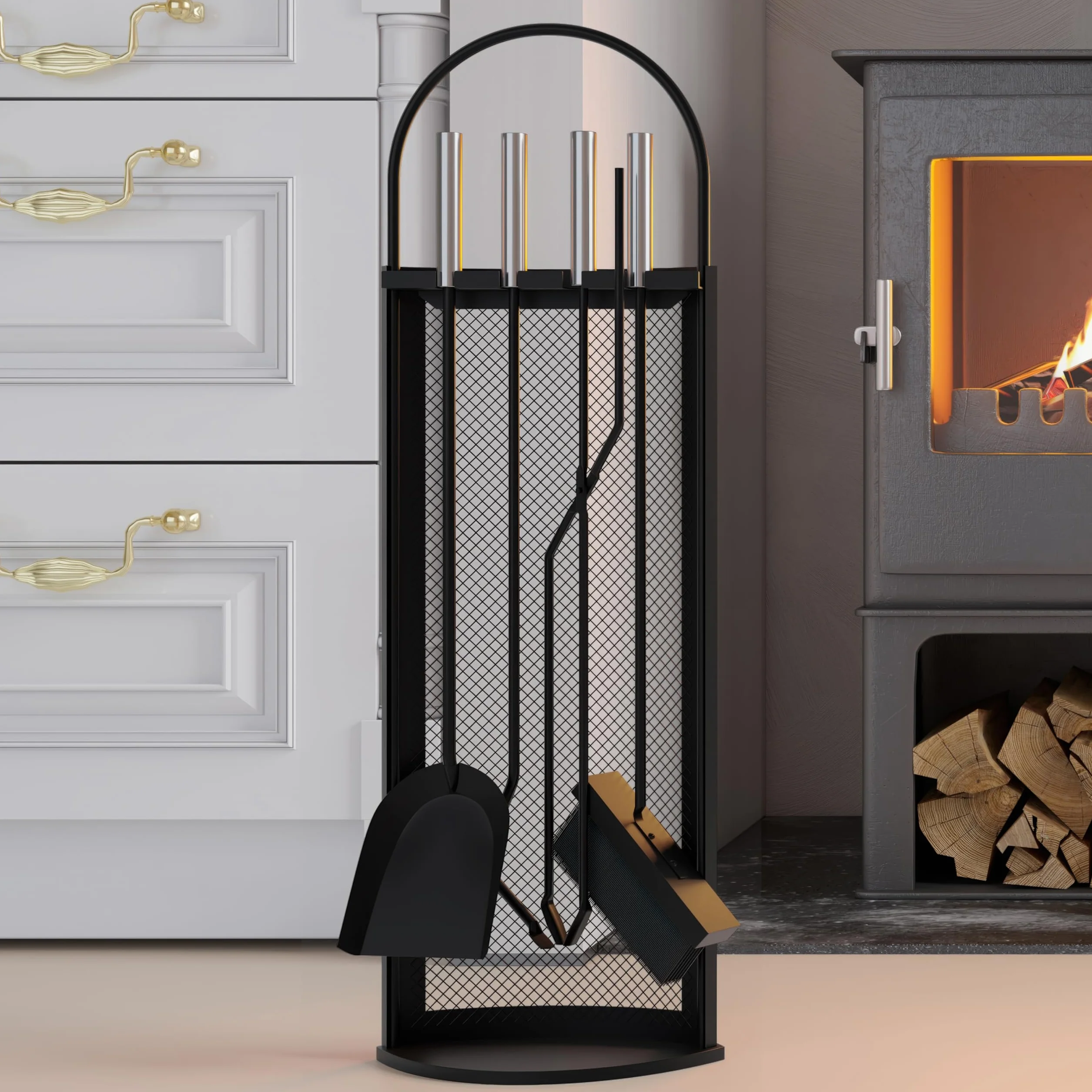 Kingson Set da Camino in 5 Pezzi con Manici in Acciaio INOX 22x16x67cm, Elegante e Resistente Kit di Accessori per Camino Nero