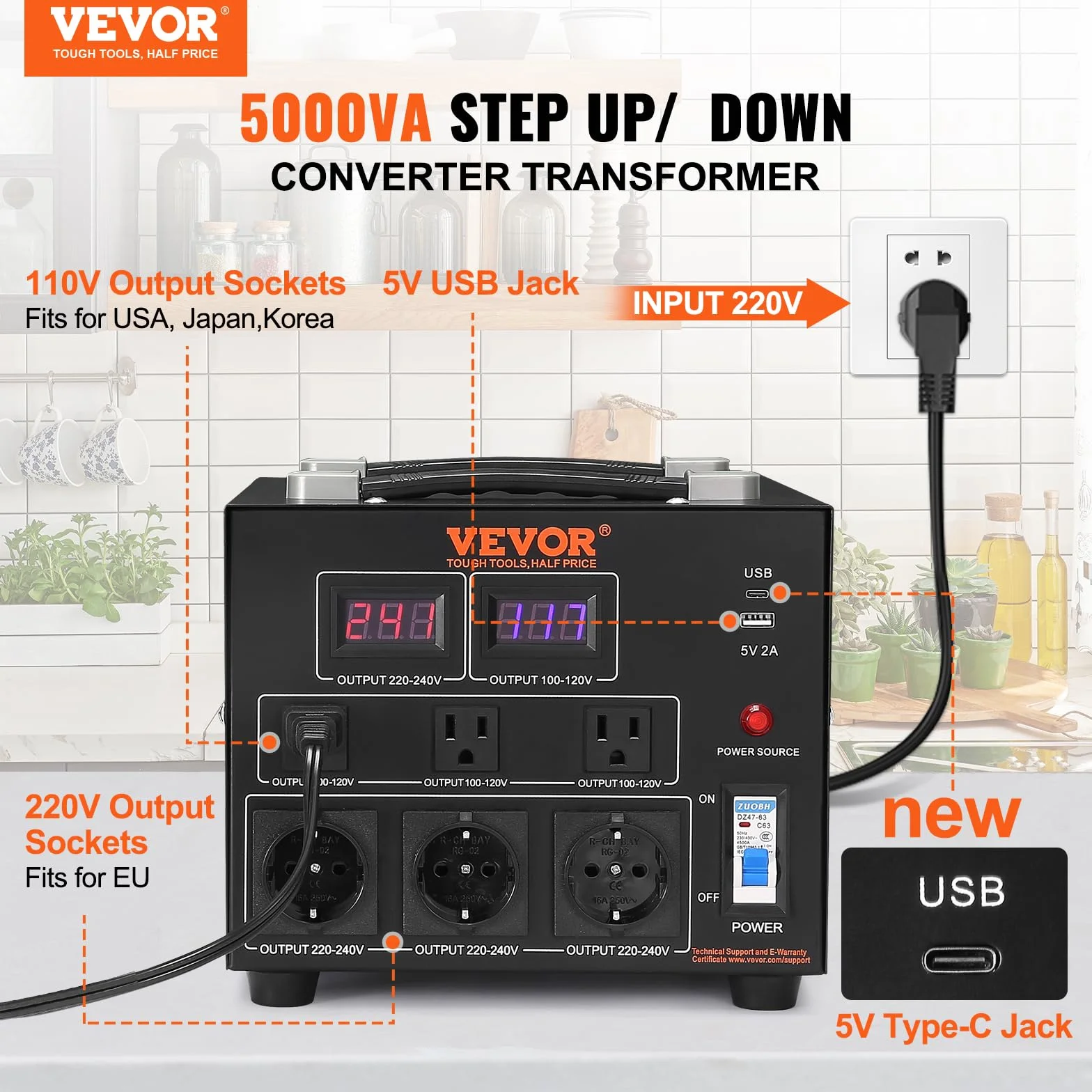 VEVOR Convertitore di Tensione Step Up/Down Portatile 110V-220V / 220V-110V Potenza da 5000VA, Trasformatore di Tensione 5000VA Portatile 270x240x215 mm 6 Spine, Convertitore di Tensione 5000VA USB 5V