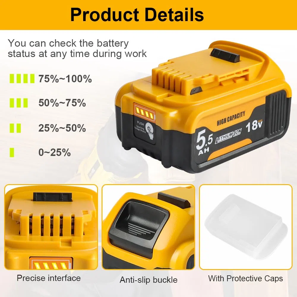 Powarobor 2 pezzi DCB184 18V 5,5Ah Li-ion Batteria di ricambio Compatibile con Dewalt 18V Accumulatori DCB180 DCB182 DCB181 Utensili elettrici