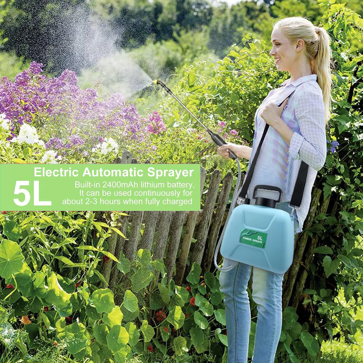 Spruzzatore Elettrico, Spruzzatore Da Giardino Elettrico 5L, 2400 mAh Spruzzatore 3 ugelli nebulizzatori, impugnatura ricaricabile USB, bacchetta retrattile e tracolla regolabile per prato, giardin