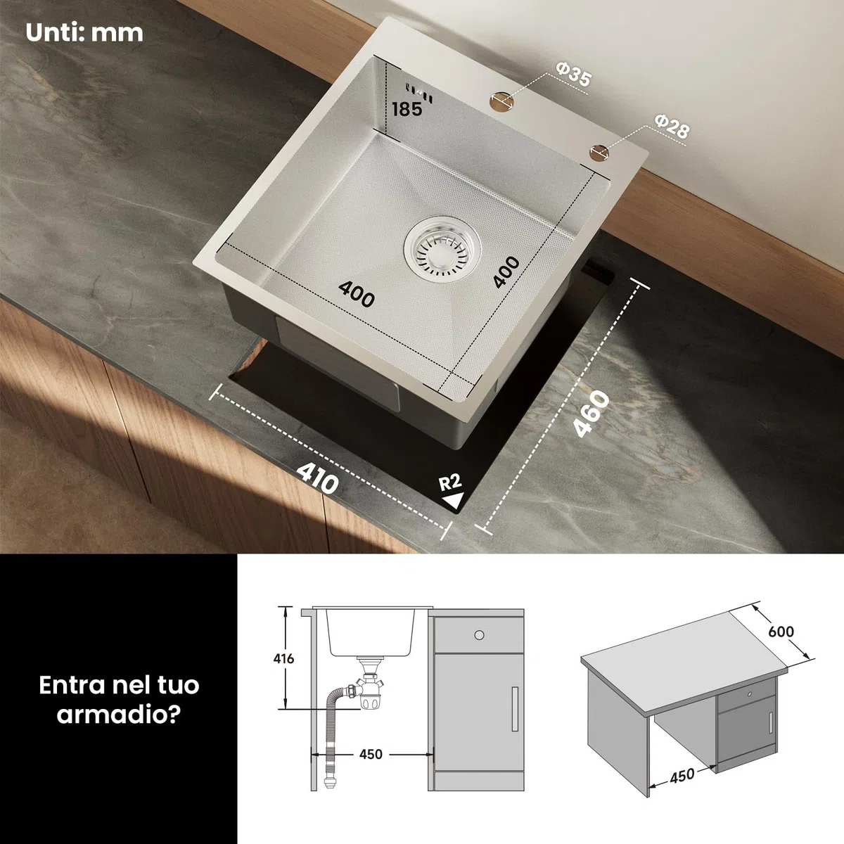 CECIPA 44x49 cm Lavello Cucina 1 Vasca in Acciaio Inox con Foro, Lavandino Cucina 1 Vasca per Mobile da 45cm, Lavello da Incasso o Banco con Sifone e Scarico