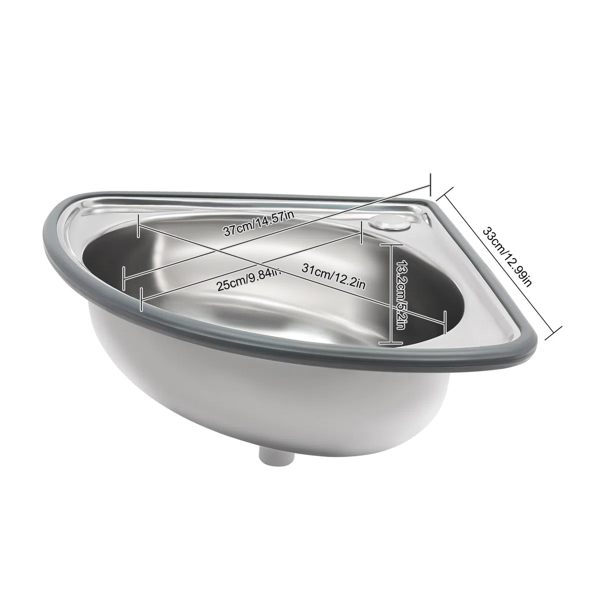 Piccolo lavabo da parete per bagno, lavabo angolare triangolare, mini lavandino ad angolo in acciaio inox per camper e piccoli spazi, 17 x 14,5 pollici, lavabo triangolare argentato con e