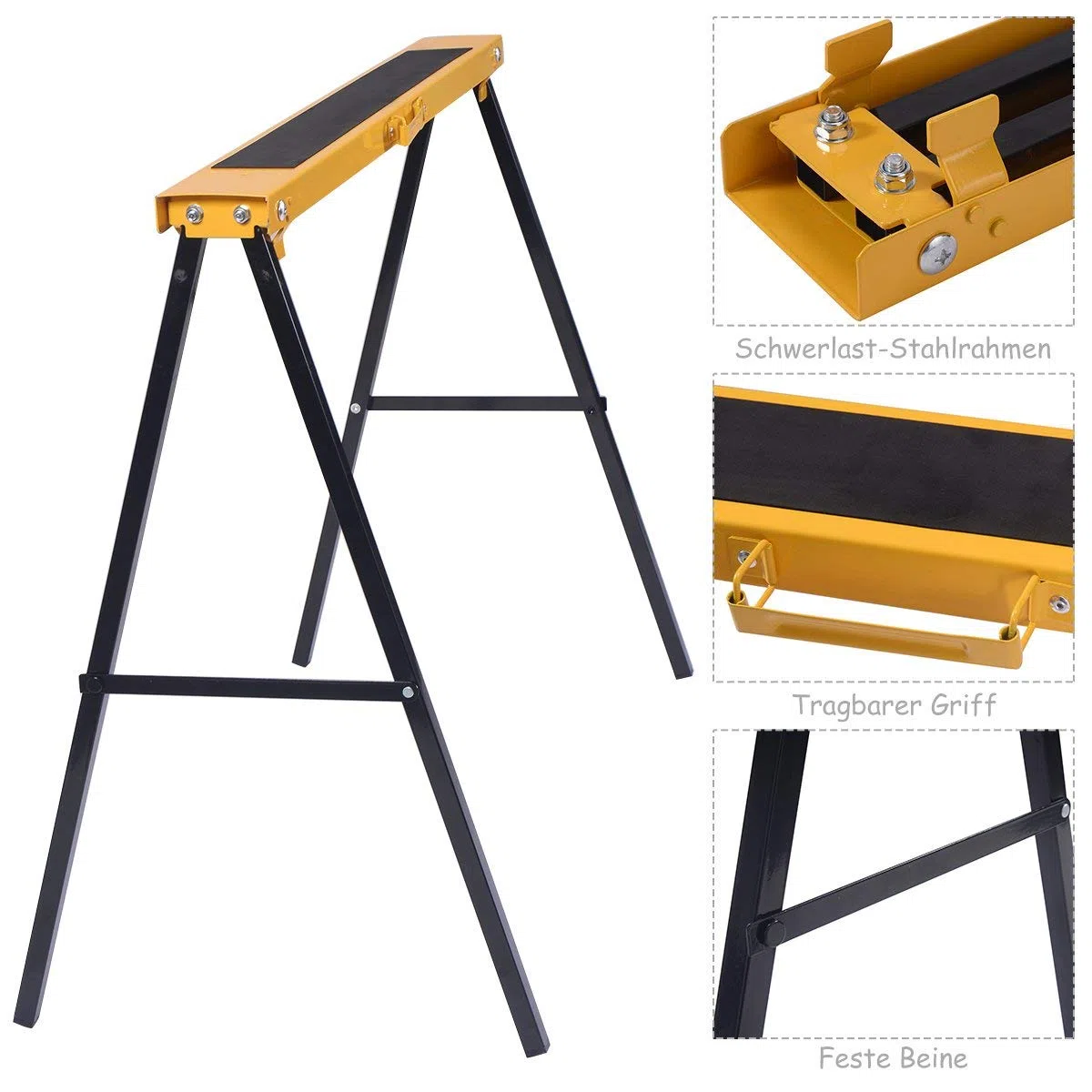 FANTASK 2 cavalletti per ponteggio, set pieghevole, supporto per sega a cavalletto, in metallo, portata fino a 275 kg, supporto pieghevole con manico, in acciaio, giallo