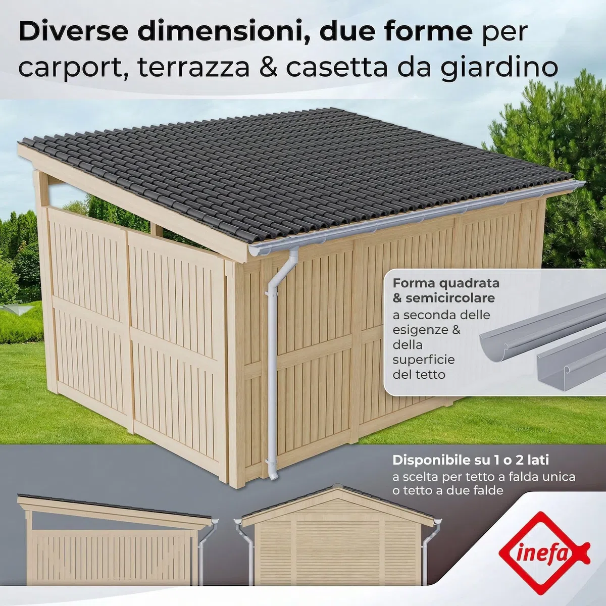 INEFA Set grondaia NW100 100mm PVC semicircolare – gronda 4m marrone scuro per 1 falda – grondaia per casetta da giardino carport