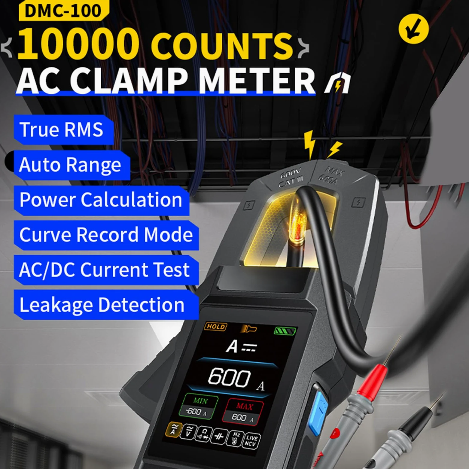 DEWIN Pinza Amperometrica,AC/DC True RMS 10000 Conteggio Illuminazione a LED Misurazione della Tensione Corrente Multimetro a Pinza Corrente Tester Elettricista