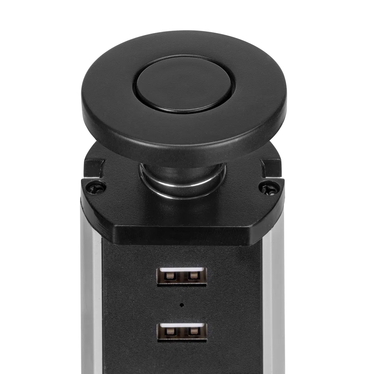 Emuca - Blocco multipresa a scomparsa con 3 prese schEUo EU e 2 porte USB, torretta multipresa a scomparsa per piano lavoro di cucina o scrivania, Verniciato nero, Tecnoplastica e Alluminio