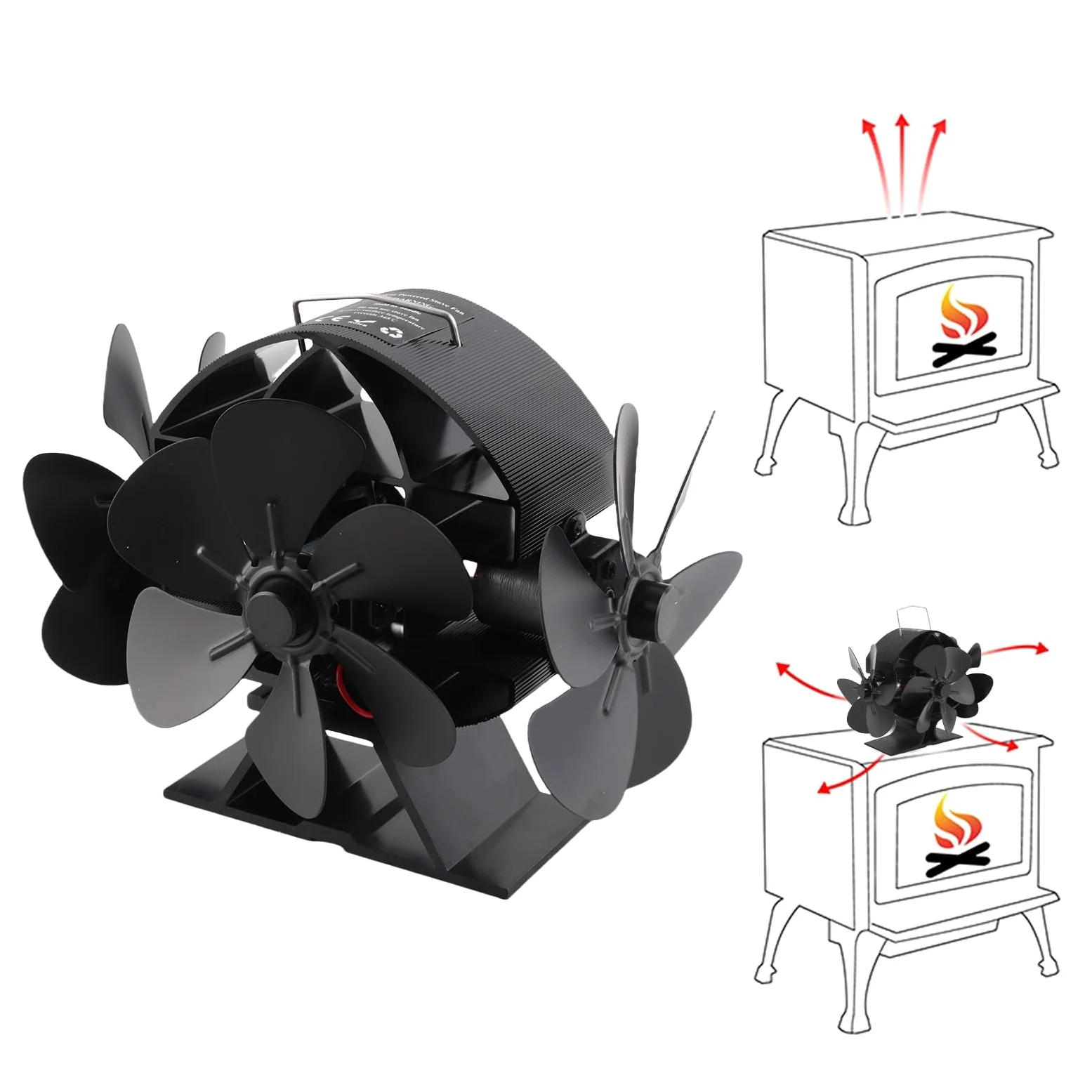 Agatige Ventilatore Oscillante per Stufa a Legna, Ventilatore per Stufa Alimentato a Calore 3 Teste 18 Lame Ventola per Camino Soffiante in Alluminio da 270 Gradi con Maniglia di
