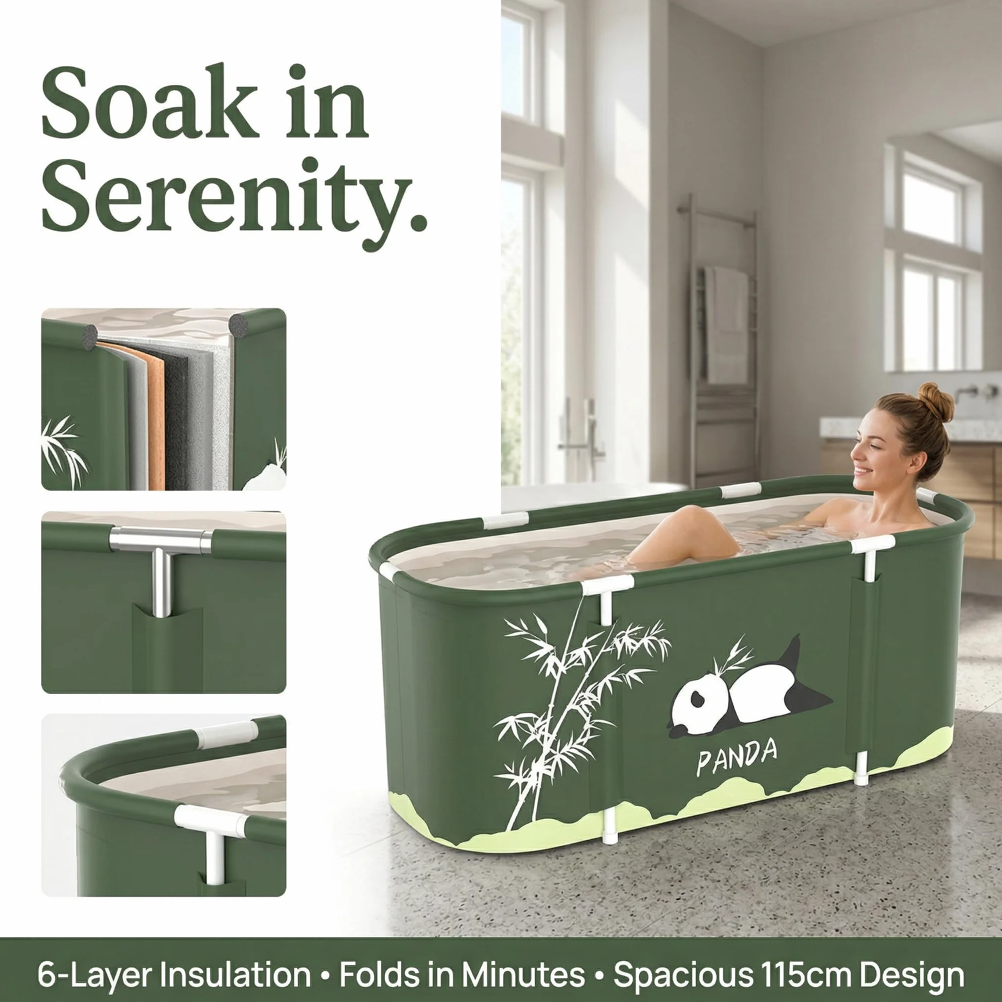 Vasca da bagno pieghevole per adulti, vasca da bagno mobile isolata a 6 strati, 115 x 50 cm, con cuscino per seduta, tubo di scarico e borsa da trasporto, vasca da bagno pieghevole riutilizzabile per