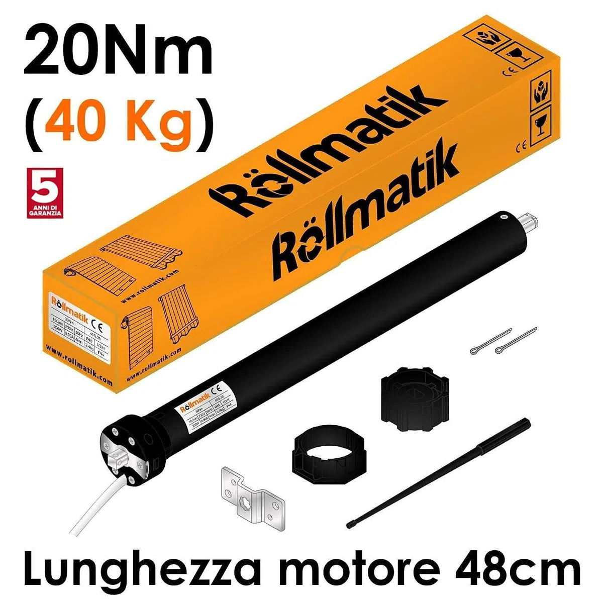 Rollmatik | Motore per Tende da Sole Elettriche Portata 40Kg 20Nm per Rullo Diametro 70mm Finecorsa Meccanici Predisposizione Pulsante SU/GIU Apertura Automatica Tende da Sole