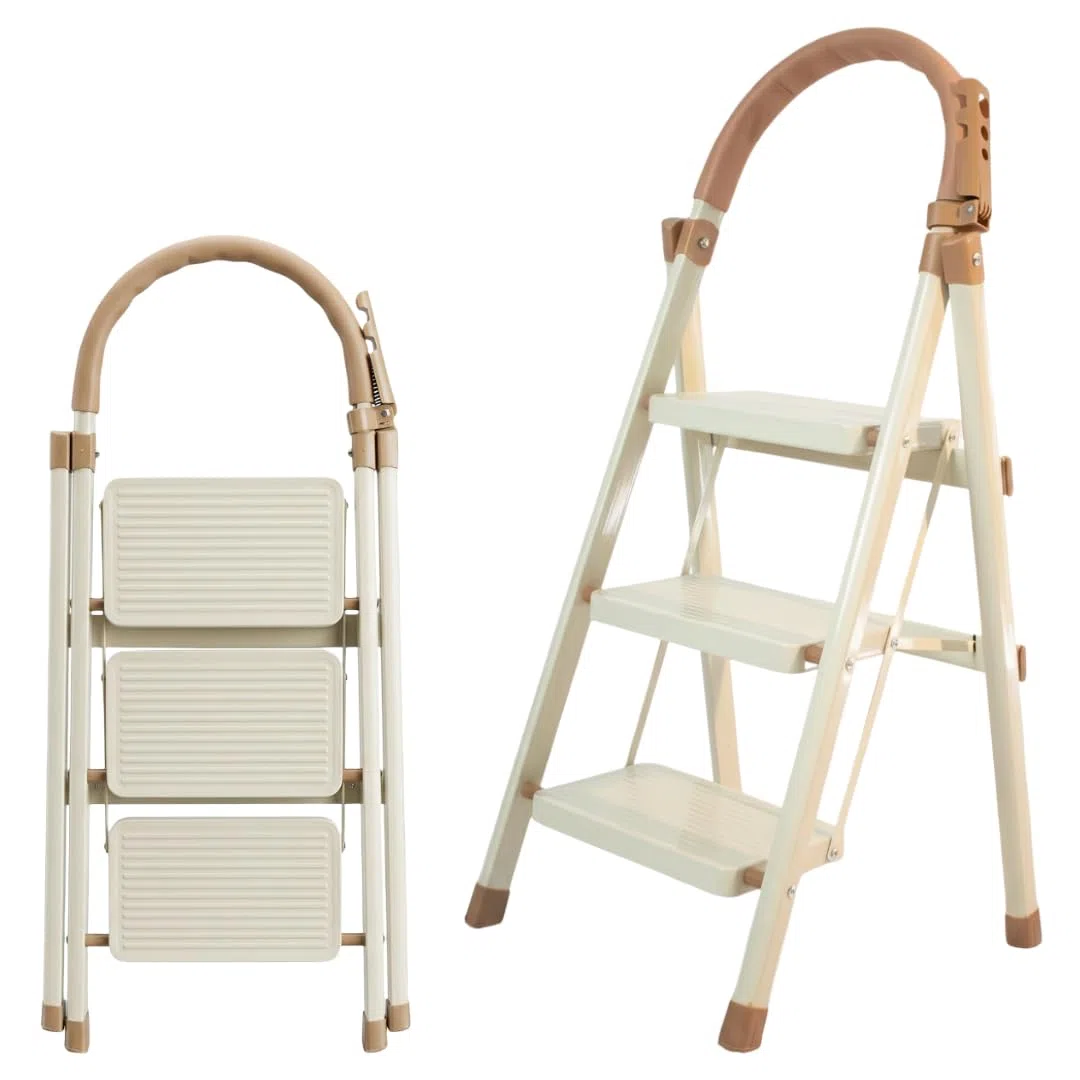 Scala pieghevole 3 gradini con corrimano, scaletta in acciaio, gradini larghi antiscivolo 18 cm, portata 150 kg, compatta
