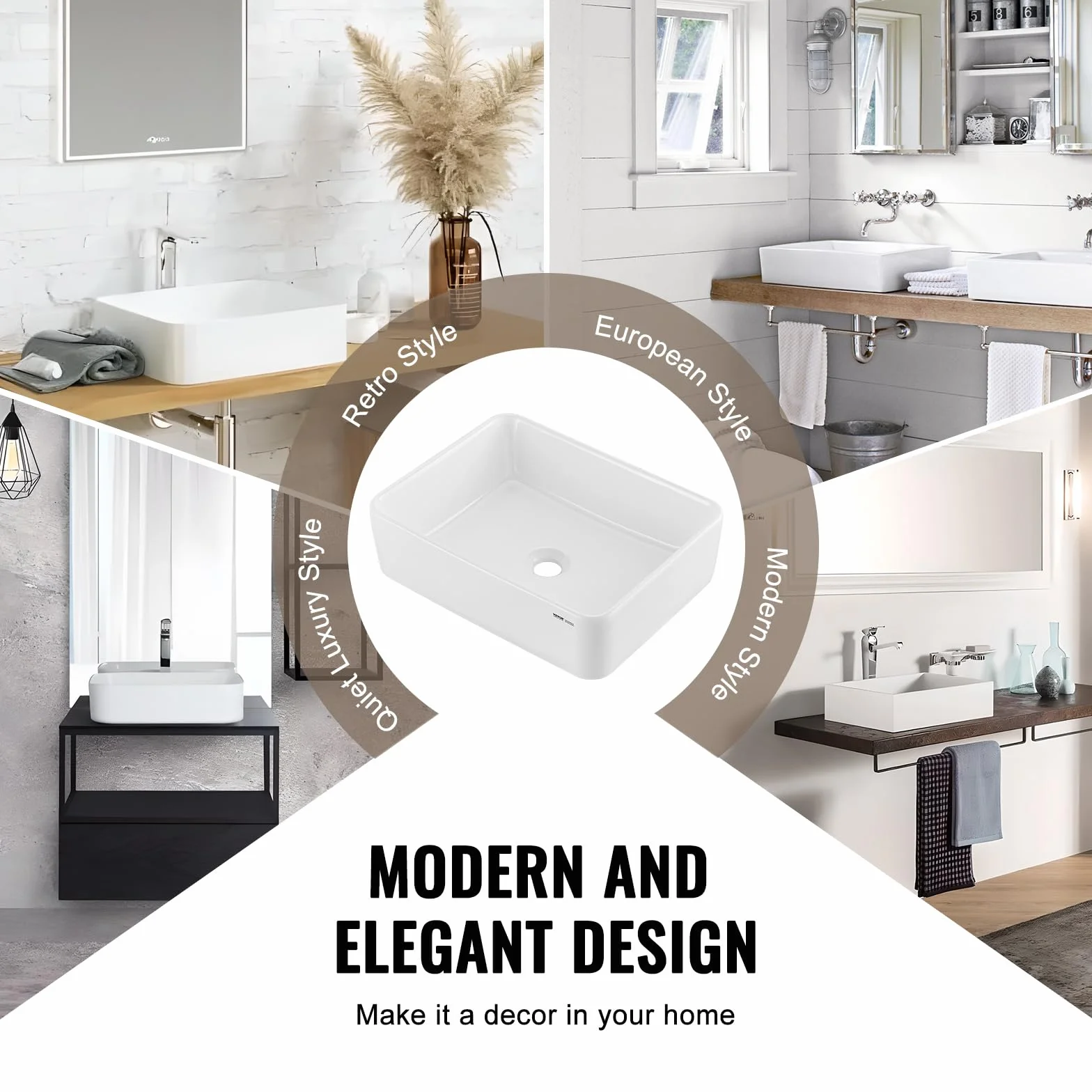 VEVOR Lavandino da Appoggio Rettangolare, 38 x 47 cm per il Bagno, Lavabo da Appoggio in Ceramica Bianca Sopra il Piano, Stile Moderno, Luminoso ed Elegante, per Bagno, Hotel, Toilette, Camper