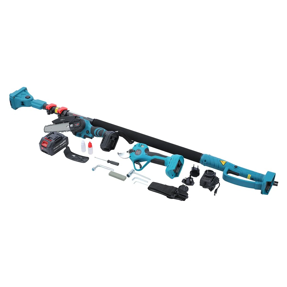 KATSU FIT-BAT 21V Motosega a Batteria Telescopica Esteso Fino a 253 cm Kit 3 in 1 con 3,0 Ah Batteria, Brushless Motosega e Forbice Potatura, per Potatura di Rami di Alberi