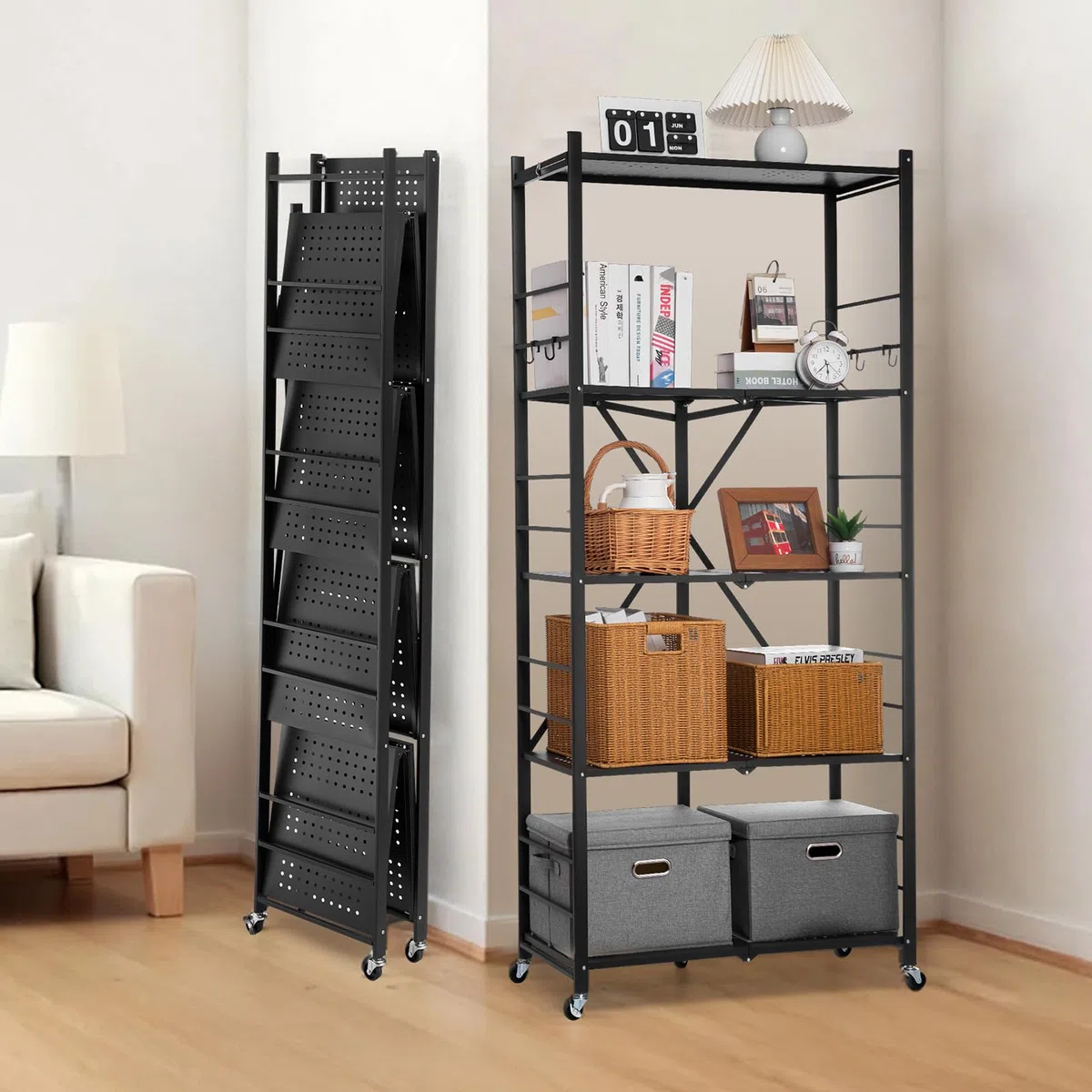 VEVOR Scaffale Portaoggetti Pieghevole a 5 Ripiani con Ruote, 360 x 810 x 1830 mm, Scaffale in Metallo Pieghevole, Robusto Resistente Senza Montaggio, per Garage, Cucina, Cantina Nero