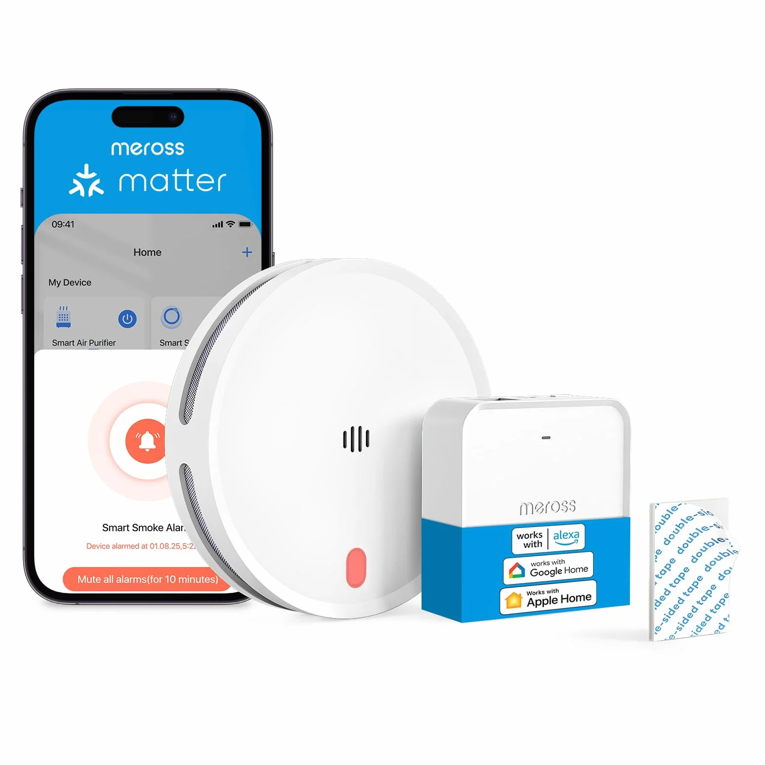 Meross Matter Rilevatore di fumo WiFi connesso, allarme antincendio intelligente con doppio sensore ottico, rilevatore di fumo con avviso APP, rete 0,8 mm, 33 mm, con Hub MSH450, 1 pezzo