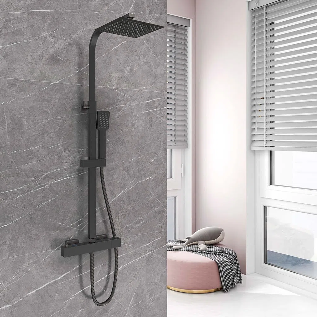 OCEAN ITALY Colonna Doccia con Soffione Acciaio Inox 20x20cm, Gruppo Doccia con Miscelatore Termostatico, Saliscendi Doccia Moderno Quadrato Regolabile 73-115cm, Nero Opaco