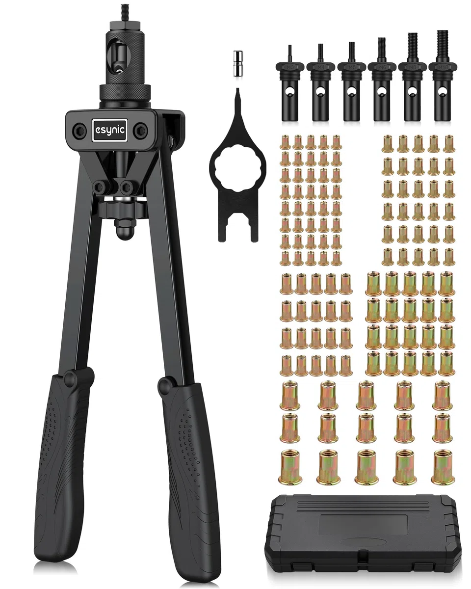 eSynic Kit 14'' Rivettatrice Professionale per Impieghi Gravosi con 125 Dadi Rivetti M3 M4 M5 M6 M8 M10, Pinza Pistola Manuale a Rivetti 6 Mandrini con Valigetta per Riparazione Auto Mobili - Nero
