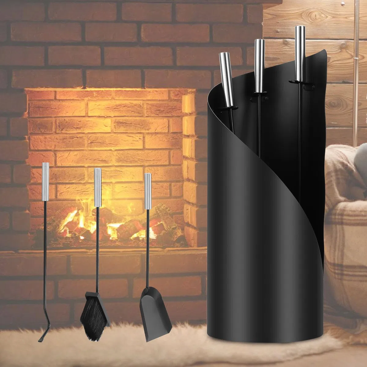 Set di posate per camino, 4 Pezzi, Set di posate per camino, con scopa, pala, gancio in ferro, supporto, Attrezzi per camino con manici in acciaio inox, Attrezzi Camino Moderni