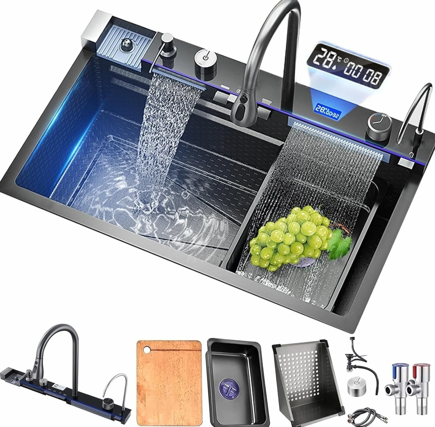 Lavello da cucina, in acciaio inox T304, lavello da cucina multifunzionale, lavandino a cascata, da incasso, con rubinetto digitale multifunzionale, vari accessori (80 x 45 cm)
