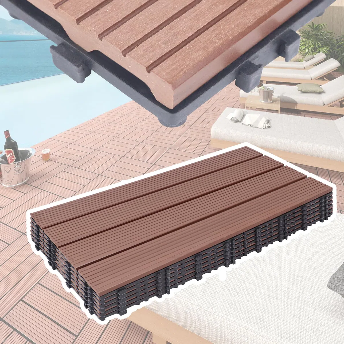 UISEBRT 6 pezzi per pavimenti in WPC, effetto legno, piastrelle a clic, in plastica, per giardino, balcone, terrazza (30 x 60 cm, marrone)