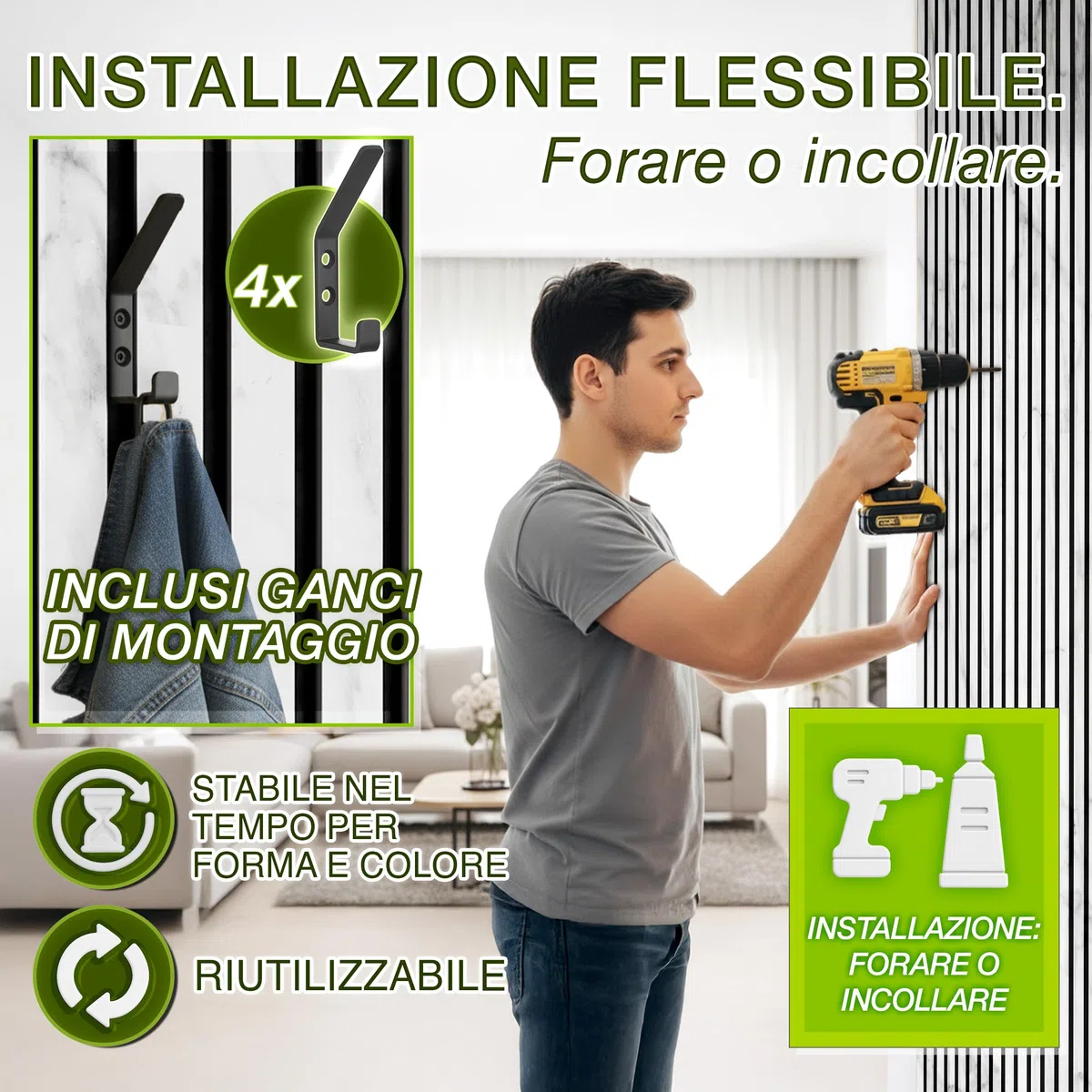 TRESKO 2 pannelli acustici in legno, 120 x 60 cm, con 4 ganci appendiabiti, rivestimento da parete bianco/marmo come parete a lamelle 3D, pannelli in legno per isolamento acustico