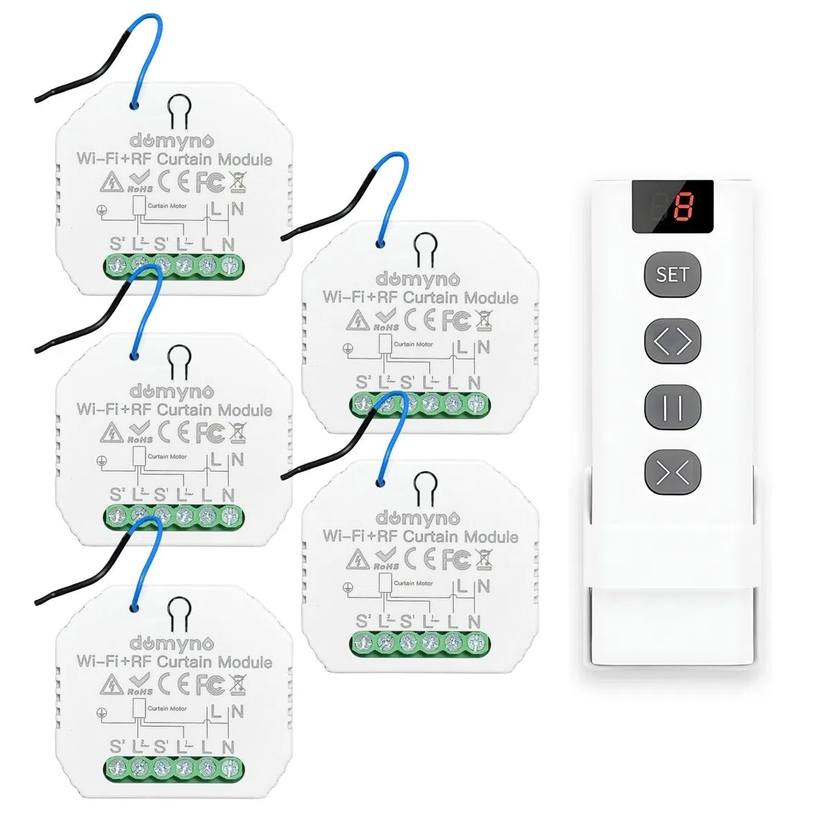 domyno Centraline per tapparelle Interruttore Serrande Tende con Controllo Wifi, Telecomando, Alexa, G.Home, App Tuya e Smartlife - n.5 Centraline + Telecomando 9 canali -
