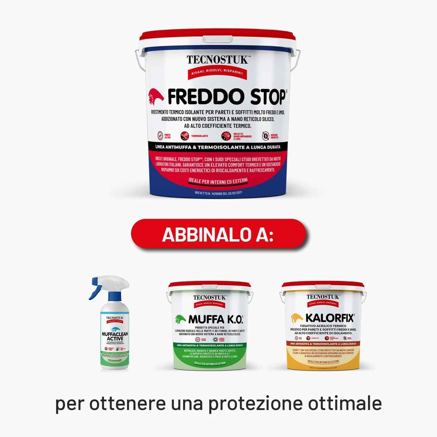TECNOSTUK Freddo Stop 2,5 L. – Rivestimento Termico Isolante con Nano-Reticolo Siliceo – Barriera Contro il Freddo per Pareti e Soffitti – Pronto all’Uso, Classe A+, Brevetto Italiano