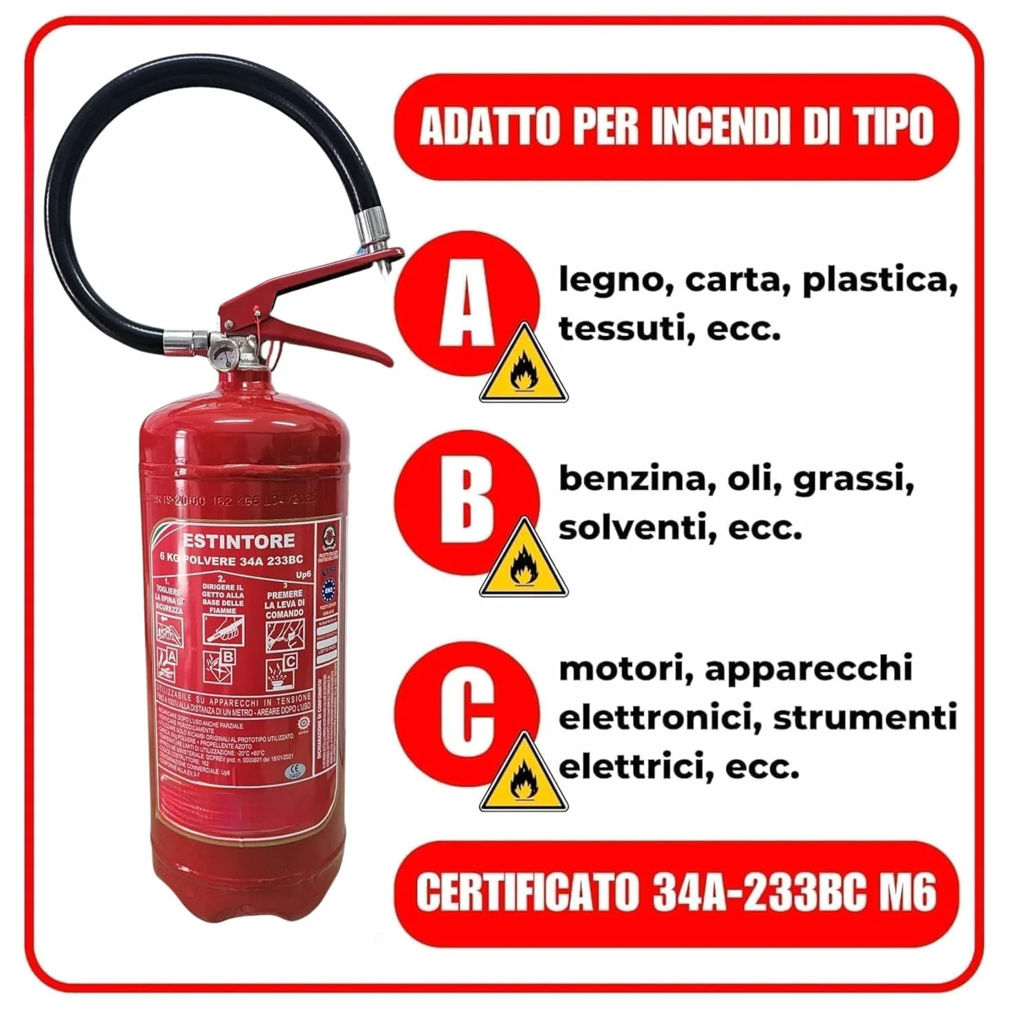 Estintore Polvere 6 KG - ANNO: 2026 + MANUALE USO E MANUTENZIONE - CERTIFICATO E OMOLOGATO A NORMA DI LEGGE + STAFFA E CARTELLO - Soluzione Sicurezza Antincendio Professionale (2)