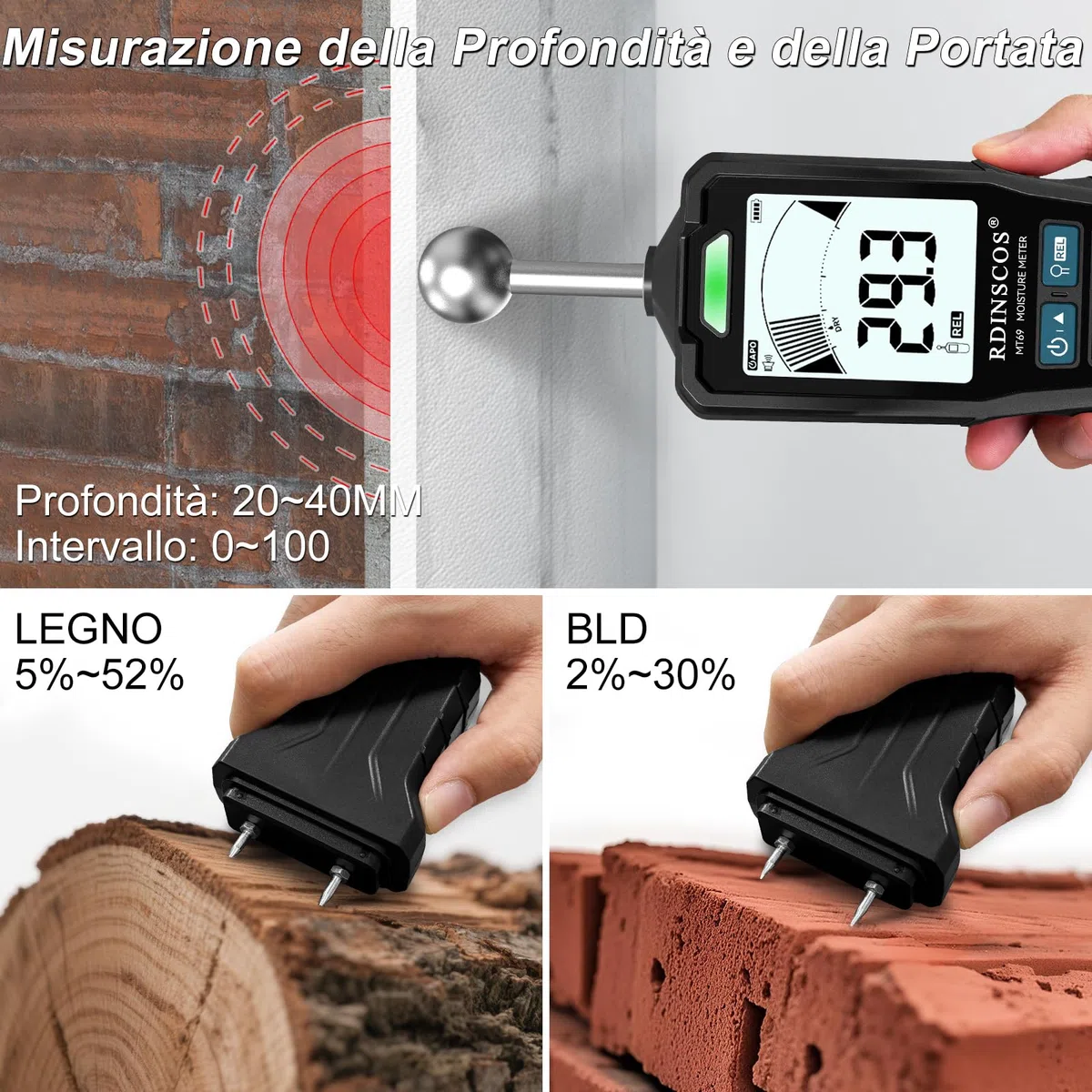 RDINSCOS Tester di umidità 2 in 1 con sonde sferiche e aghi – Umidità metro per legno, muri, calcestruzzo e gesso, schermo LCD, rilevamento 20-40 mm, allarme sonoro