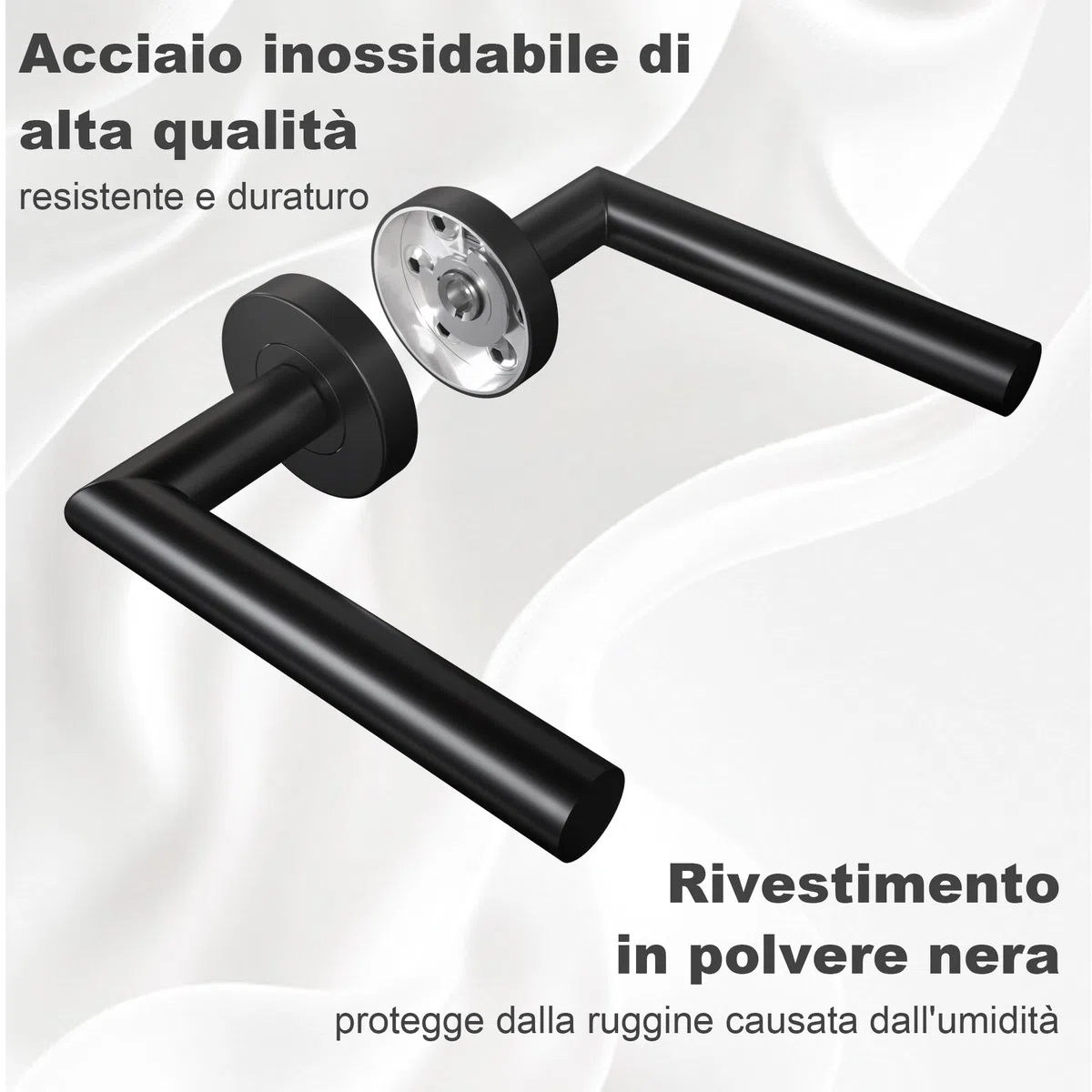 Maniglie per Porta Interne 4 Pezzi, Maniglia per Porta in Acciaio Inox con Rosetta Arrotondata Ø 52 mm, Nero Opaco, Forma di L, BB-Chiave a Profilo Tondo