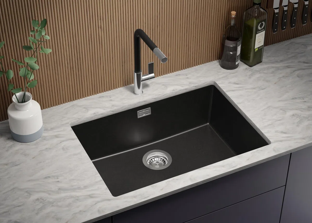 PRIMAGRAN Lavandino sottotop Tutto Nero - London, 66x47cm | Lavello in Granito a 1 Vasca + Rubinetto 40x20cm + Zuberhor-Set, Lavabo da Cucina al Mobile 70cm (S406)