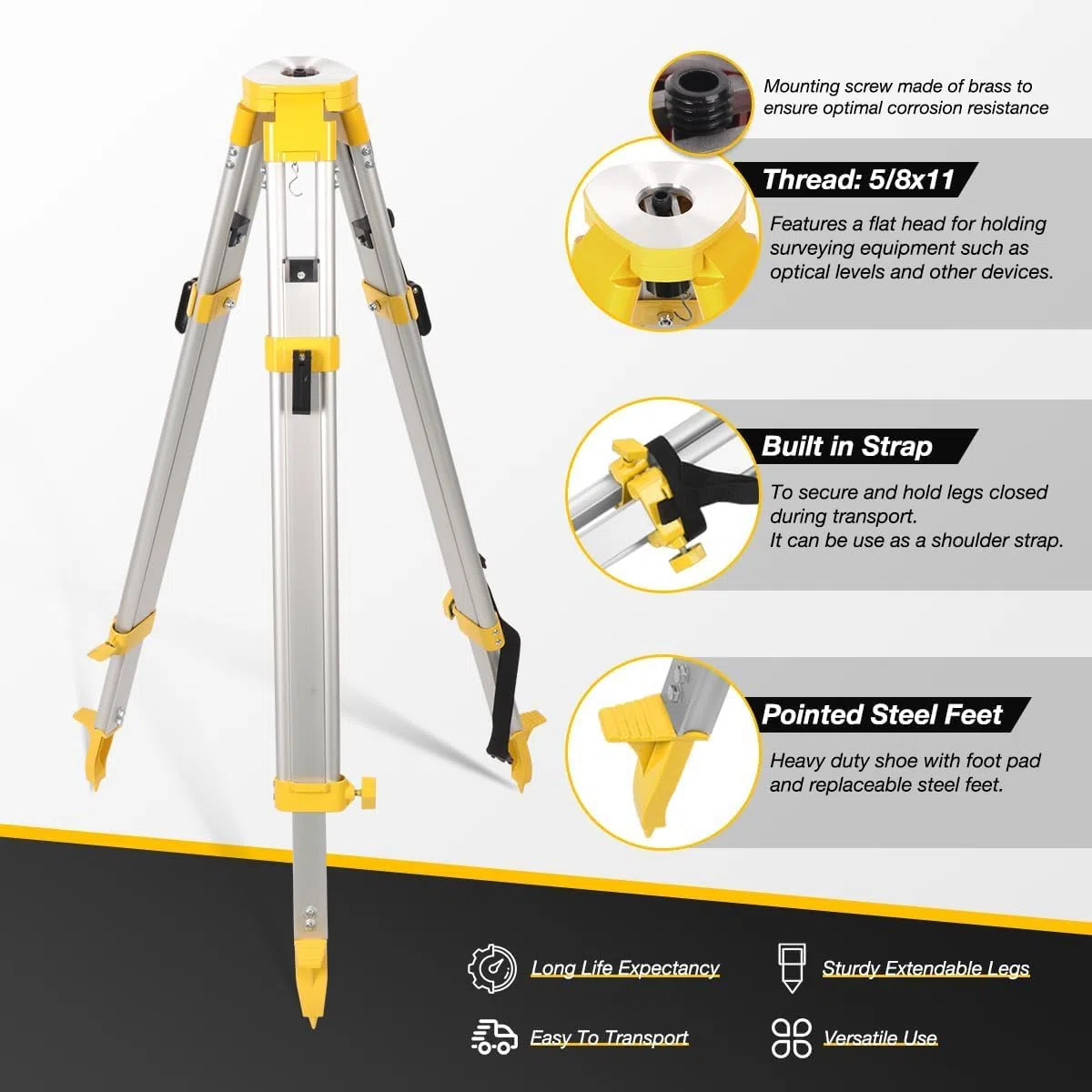 Treppiede di misurazione professionale e set di doghe telescopiche, in alluminio, 1,26 m, con piastra di livellamento graduata da 3 m, per rilevazioni terrestri, edilizia, ingegneria