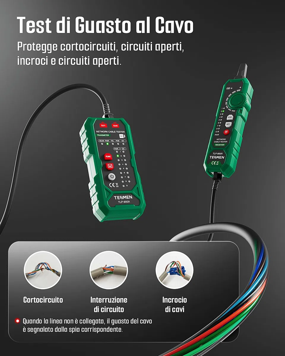 TESMEN TLP-900AR Tester per cavi di rete, RJ11 RJ45, per CAT5/6/POE/STP, con accoppiamento, Continuità, QC e NCV, adatto per Ethernet, Telefono, Manutenzione e smistamento dei cavi - Verde